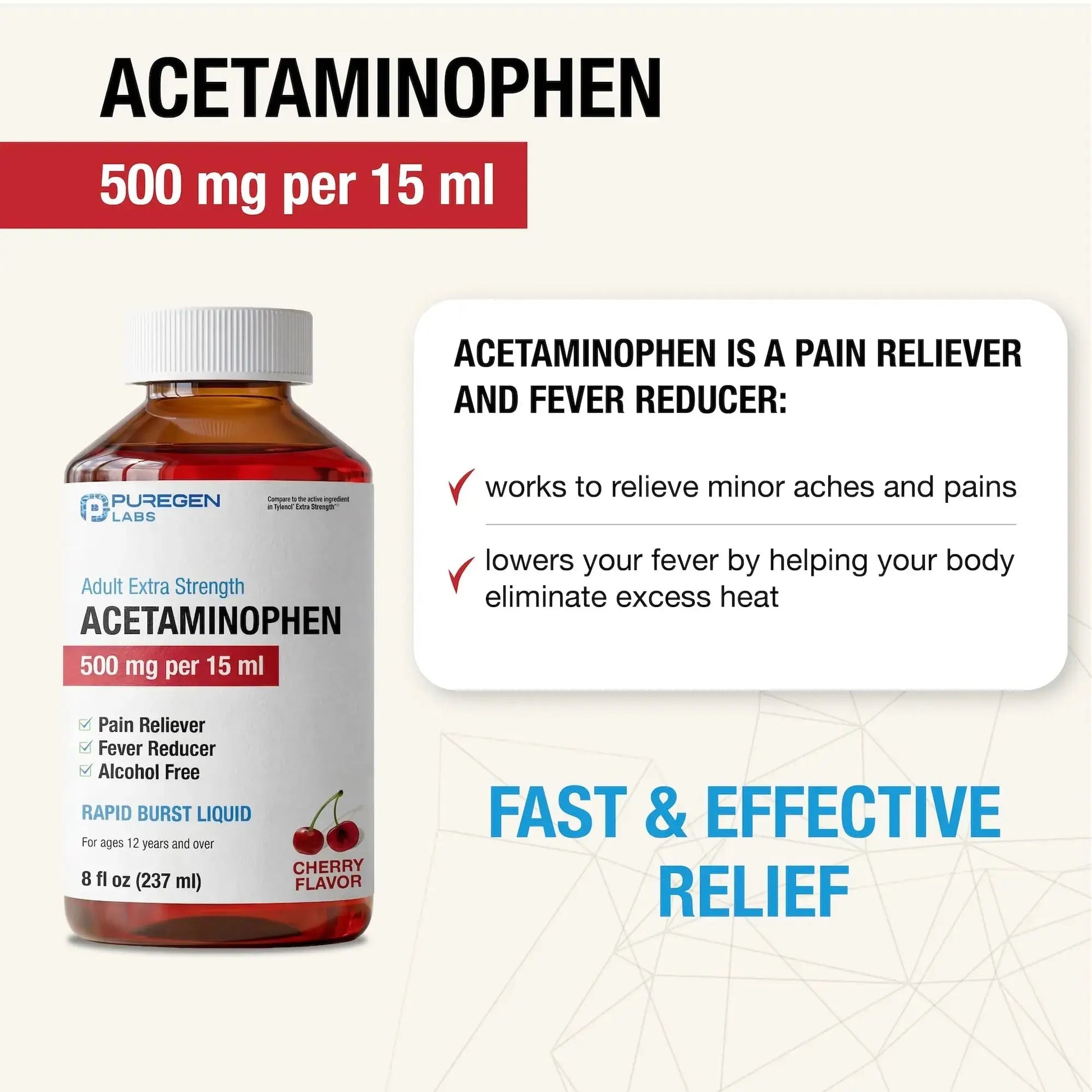 Puregen Labs Adult Extra Strength Acetaminophen Liquid 500mg/15ml - 8 fl oz Rapid Burst Pain Reliever/Fever Reducer, Cherry Flavor | Muscle & Joint Pain Relief | Arthritis Pain Relief P Puregen LabsAu supplements