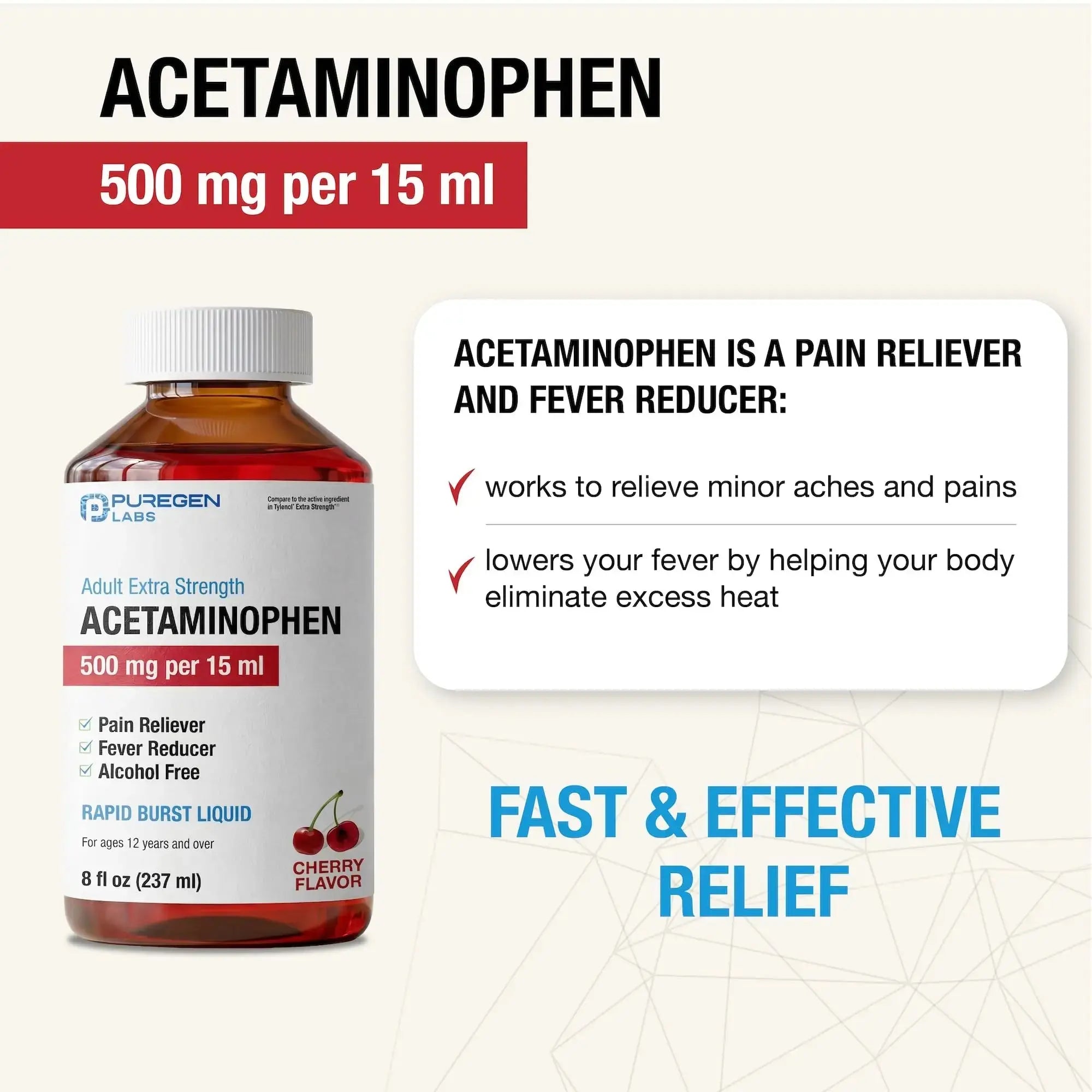 Puregen Labs Adult Extra Strength Acetaminophen Liquid 500mg/15ml - 8 fl oz Rapid Burst Pain Reliever/Fever Reducer, Cherry Flavor | Muscle & Joint Pain Relief | Arthritis Pain Relief P Puregen LabsAu supplements