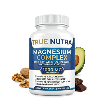 True nutra Magnesium Complex，Advanced 8-in-1 Magnesium Blend，Glycinate, Citrate, Malate, Taurate etc，High Formula，90 Capsules true nutraAu supplements