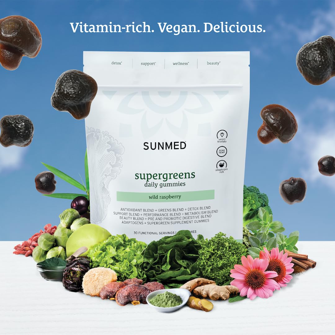 SUNMED Supergreens Daily Gummies – Wellness Blend with Ashwagandha, Green Tea, Spirulina, Probiotics, Antioxidants & Detox Support for Immunity, Gut, Skin & Brain Health | Wild Raspberry, 60ct SUNMEDAu supplements