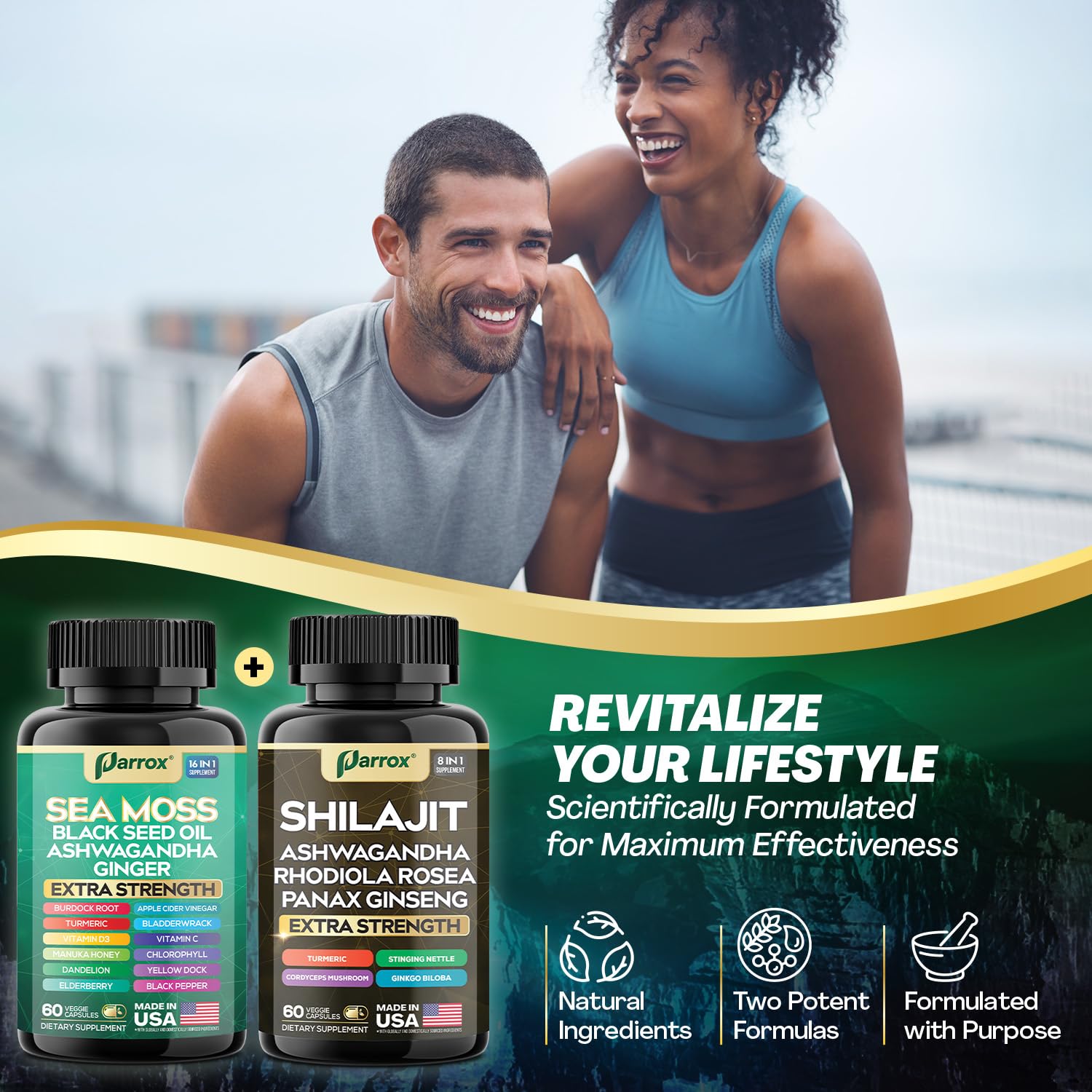 Parrox Shilajit and Sea Moss Bundle, Sea Moss 350mg, Black Seed Oil 200mg, Ashwagandha 100mg, Turmeric, Shilajit 300mg, Rhodiola Rosea 100mg, Panax Ginseng 50mg, Dynamic Vitality Bundle (2 Pack) ParroxAu supplements