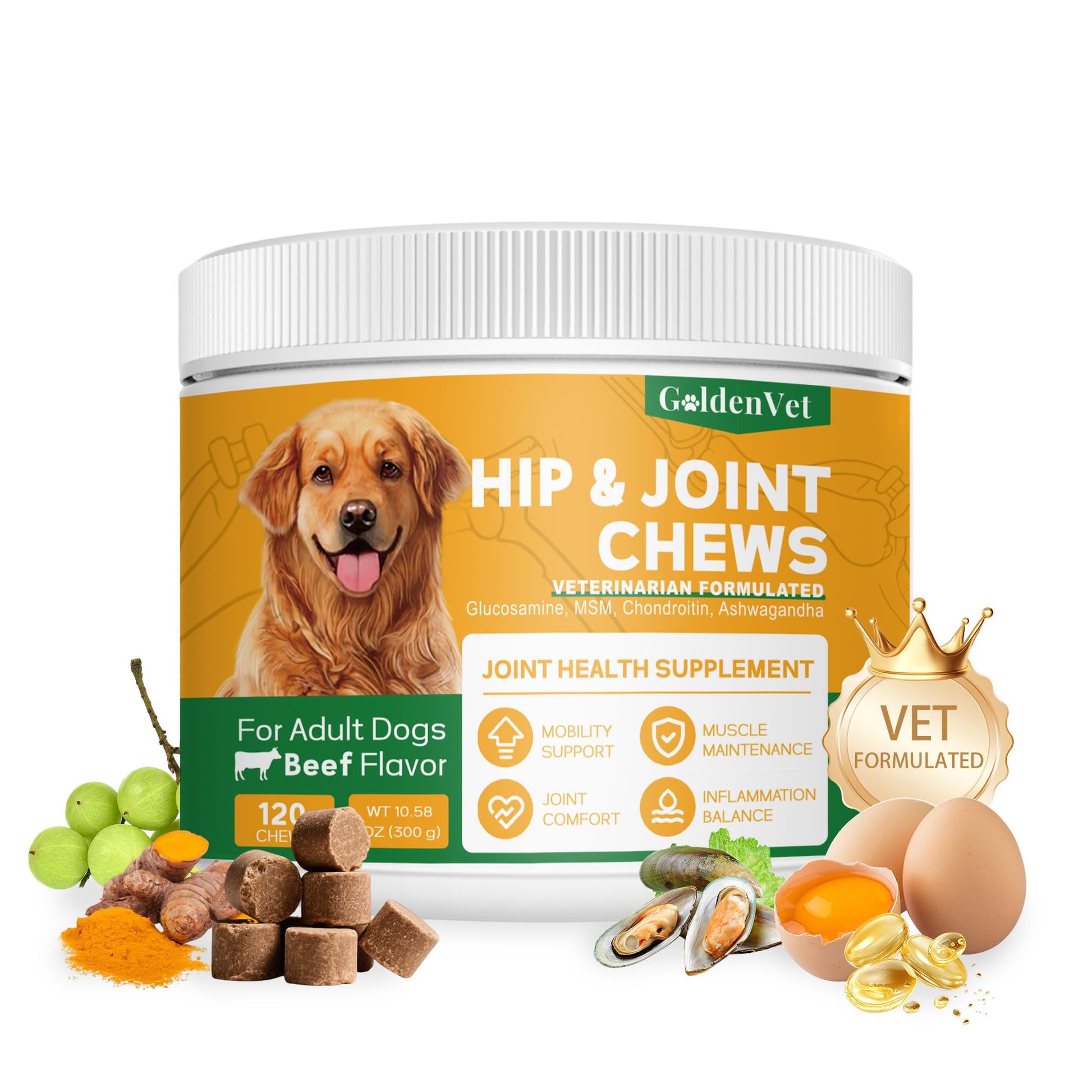 Hip and Joint Chews for Senior Dogs with Glucosamine HCL, Chondroitin, Green-lipped Mussel, Ashwagandha for Anti Inflammatory, Mobility Support, Muscle Maintenance, Joint Comfort 120 Ct GOLDENVETAu supplements