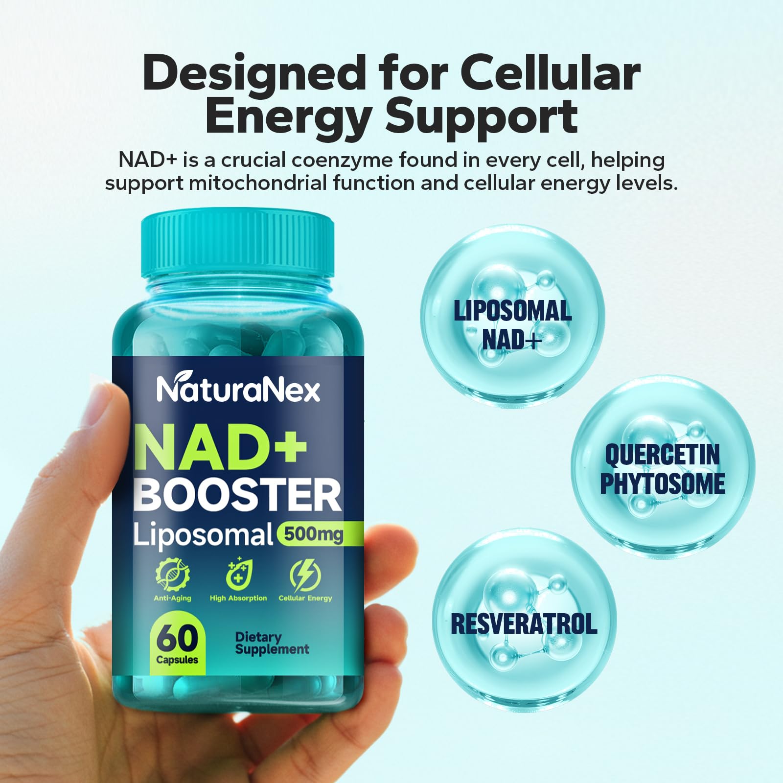 NaturaNex NAD+ Supplement 650mg (60 Capsules), Liposomal NAD+ with Resveratrol & Quercetin, Third-Party Tested, NMN Supplement Alternative NaturaNexAu supplements