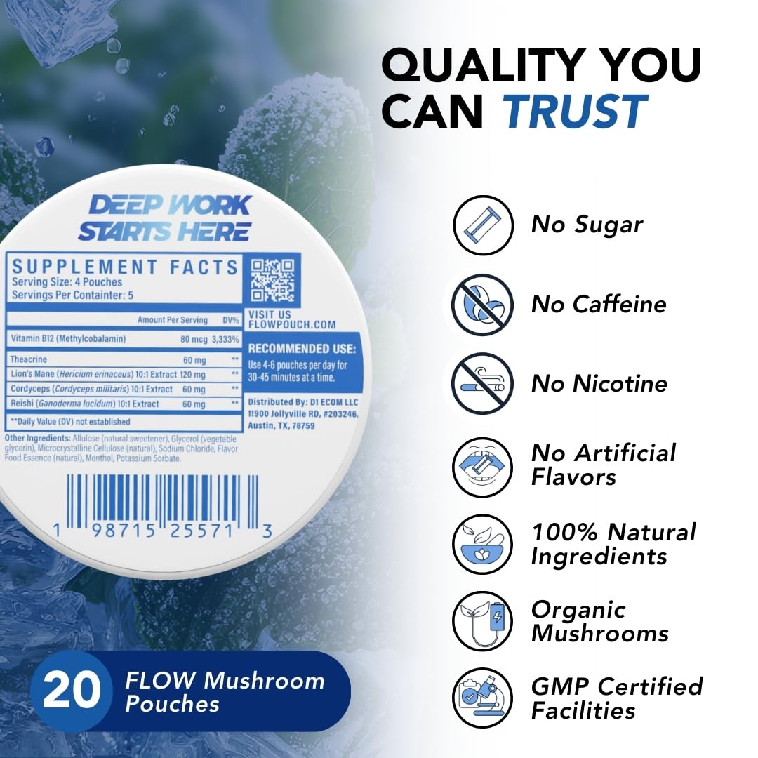 Flow Pouches Mushroom Nootropic Pouches - 600mg Organic Mushroom Energy Ultra Pouches with Lion's Mane, Reishi, Cordyceps for Focus & Clean Energy - Zero Caffeine or Sugar (5 Can Pack, Cool Mint) Flow PouchesAu supplements
