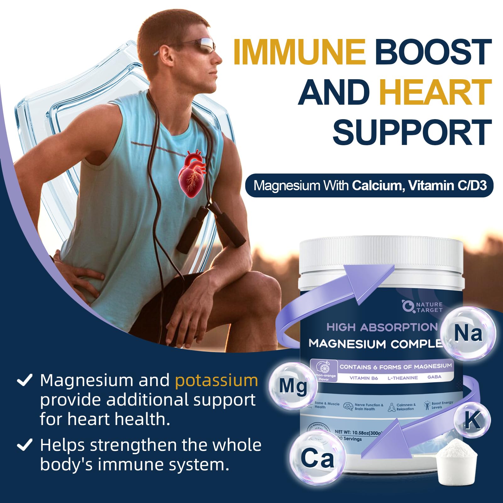 NATURE TARGET Magnesium Powder Supplement with Glycinate, Citrate, Malate, Magnesium Complex with L-Theanine & Vitamin B6 for Muscle, Heart & Brain, Vegan, 10.58 oz (100 Servings), Lemon Orange Flavor NATURE TARGETAu supplements