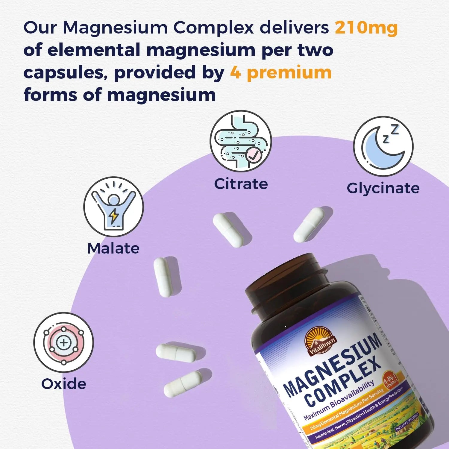 Vitalitown Magnesium Complex | Chelated Easily Absorbed Magnesium Glycinate Citrate Malate | Buffered | 210mg Elemental Mag | Sleep, Nerve, Digestion, Energy | Non-GMO 240 Veg Caps Vitalitownnz supplements