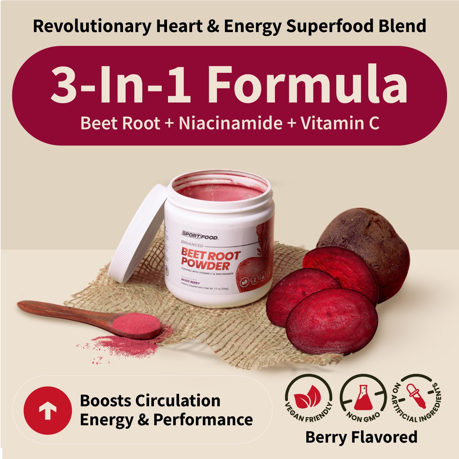 SPORTFOOD Beet Root Powder with Niacinamide & Vitamin C - Superfood for Circulation, Energy, & Stamina | Vegan, Non-GMO, Nitric Oxide Boost for Pre-Workout & Heart Health | Mixed Berry Flavor | 7.7oz Sport FoodAu supplements