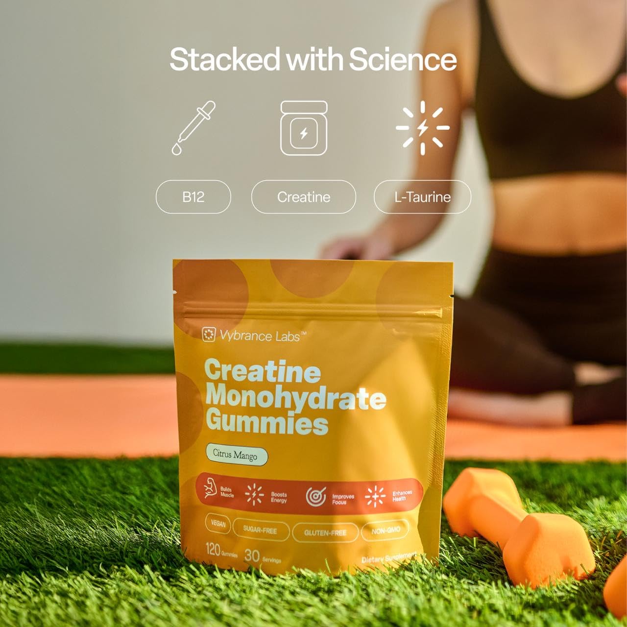 VYBRANCE LABS Creapure Creatine Gummies 5g + Taurine & B12 - Sugar-Free, Vegan, Gluten-Free - Citrus Mango - 120 Count (30 Servings) for Strength, Energy & Focus VYBRANCE LABSAu supplements