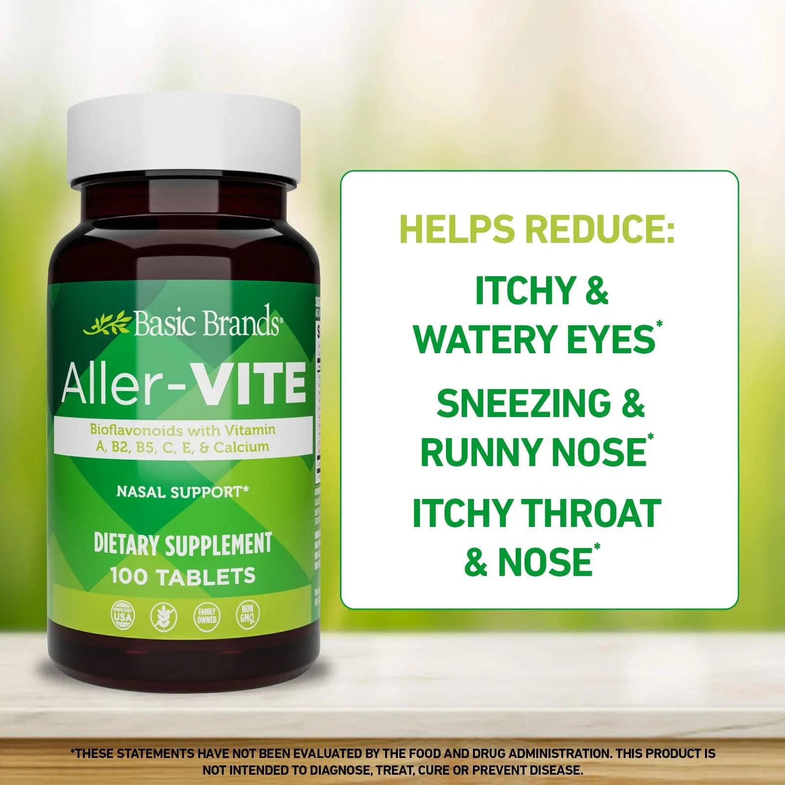 Basic Brands Aller Vite Nasal Support Tablets for Seasonal Allergy Relief, High Bioflavonoid Complex with Vitamins and Calcium, Gluten Free Daily Supplement, 100 Tablets Basic Brandsnz supplements