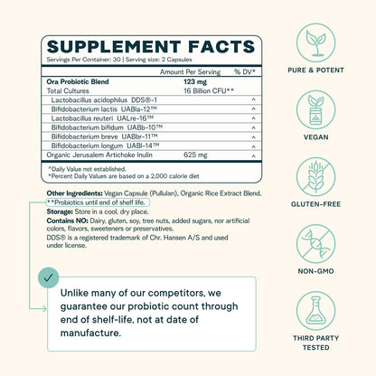 Ora Organic Probiotics with Prebiotics for Digestive Health 16 Billion CFU - Trust Your Gut - Strains - Acidophilus Lactobacillus Breve Bifidum Lactis Ora OrganicUS supplements