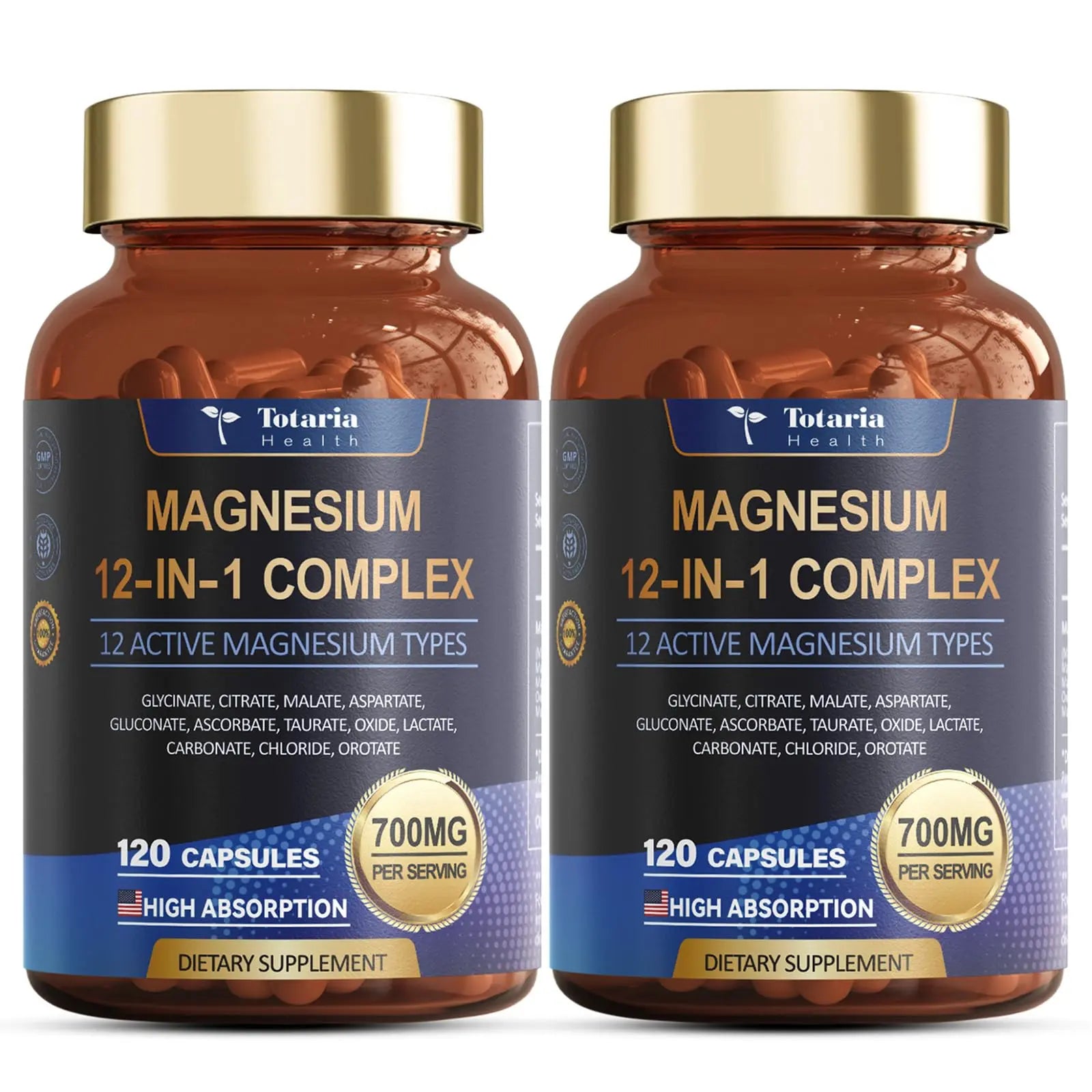 Magnesium Complex 700mg 12 in 1 Magnesium Supplement with Glycinate Citrate Malate Oxide Taurate Aspartate Orotate Magnesium Relaxation,Muscle,Heart Support, Vegan 120 Capsules 2PK TotariaAu supplements