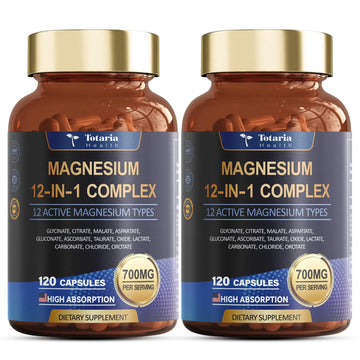 Magnesium Complex 700mg 12 in 1 Magnesium Supplement with Glycinate Citrate Malate Oxide Taurate Aspartate Orotate Magnesium Relaxation,Muscle,Heart Support, Vegan 120 Capsules 2PK TotariaAu supplements