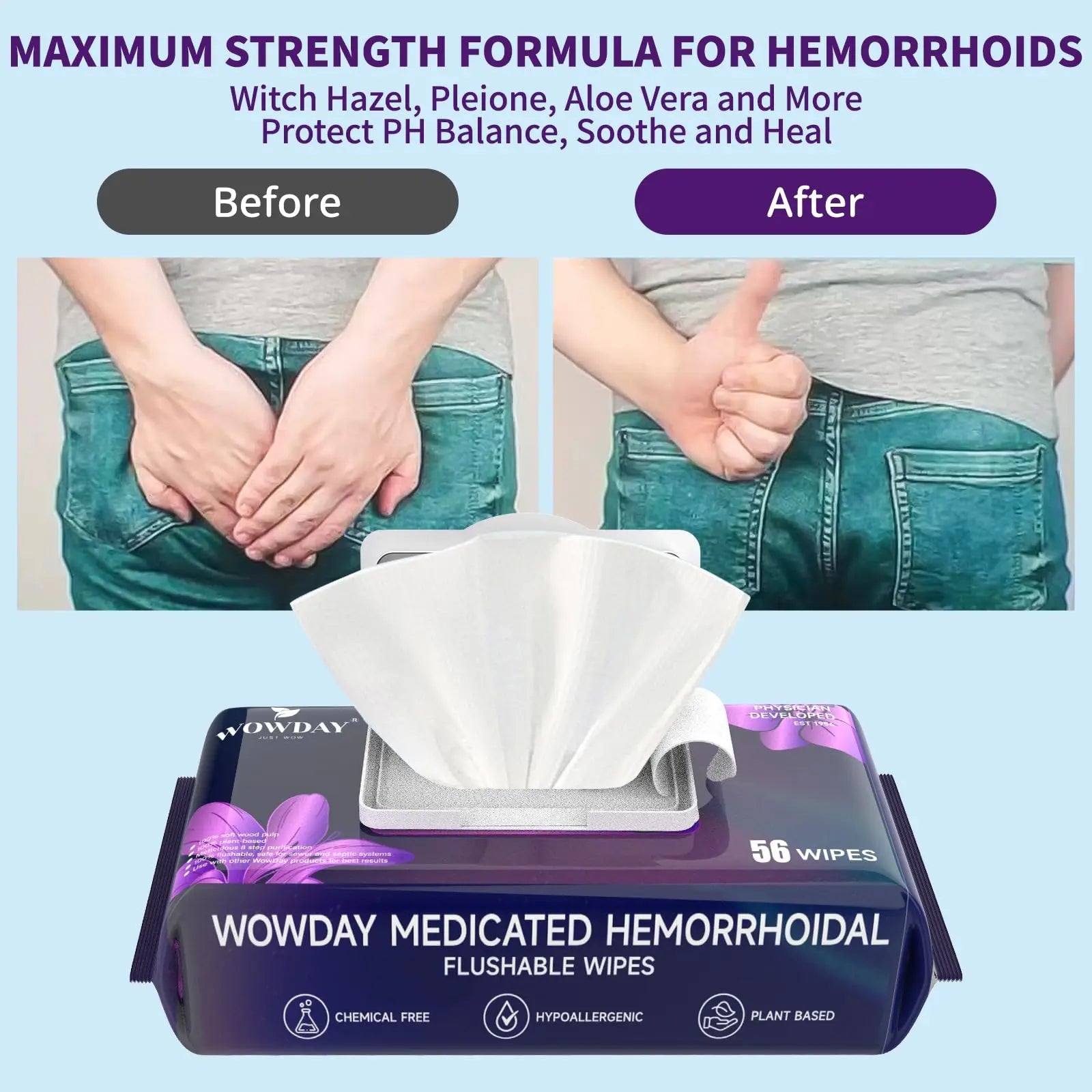 Wowday Flushable Hemorrhoid Wipes | Maximum Strength Witch Hazel Wipes | 56 Count Fragrance Free Adult Hemorrhoids Medicated Witch Hazels Wipe for Butt Hemorrhoidal Itch WowDayAu supplements