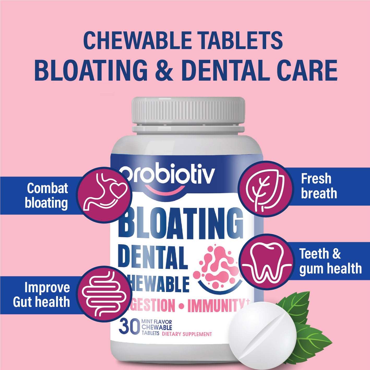 Probiotiv Chewable Probiotics for Daily Bloating w/ 5 Billion CFU – “Two-in-One Combo” ProbiotivAu supplements