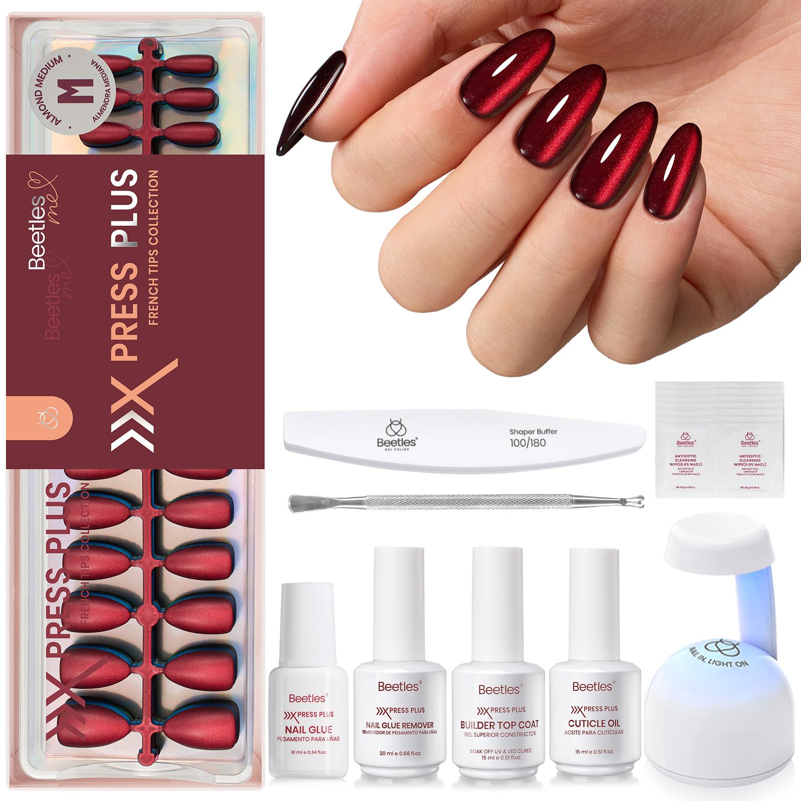 Beetles Cat Eye Nails Kit - Enchanted Aurora | 7 Colors Cat Eye Press On Nails Medium Almond | 224Pcs 16 Sizes All-in-One Kit With Nail Glue,Remover,Builder Top Coat,Nail Lamp Gift beetles Gel PolishAu supplements