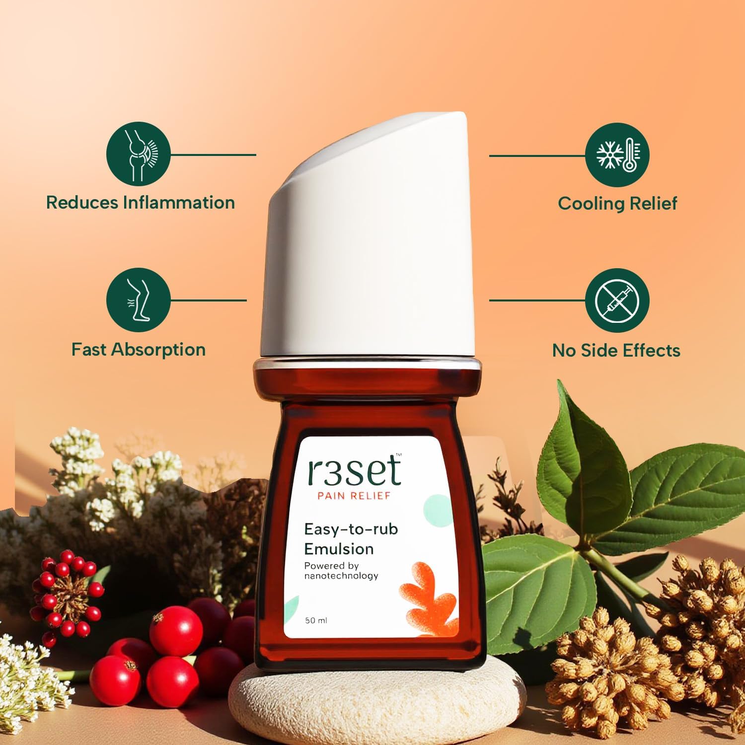 Pain Relief Emulsion Roll-On | Fast Relief for Muscle, Joint, Back, Neck, Knee Pain, Sports Injuries | 100% Natural, Absorbs Easily, No Side Effects | Herbal Ingredients for Aches & Soreness - 50ml GenericAu supplements
