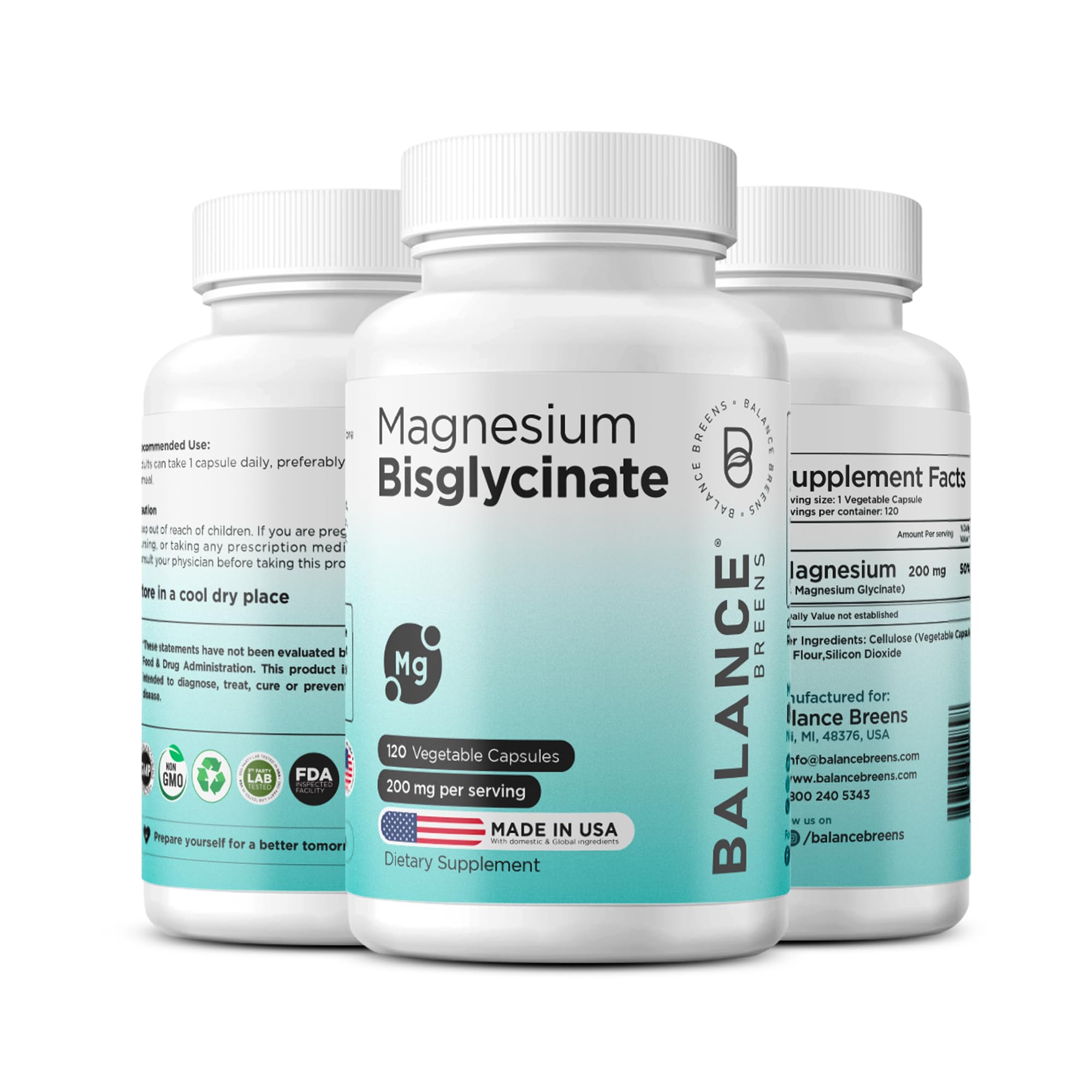 Magnesium Bisglycinate 200mg - High Absorption Chelated Magnesium Supplement - Gentle on Stomach, Non-GMO, Gluten-Free, Supports Sleep, Muscle Cramps & Positive Mood - 120 Vegan Capsules BalancebreensAu supplements