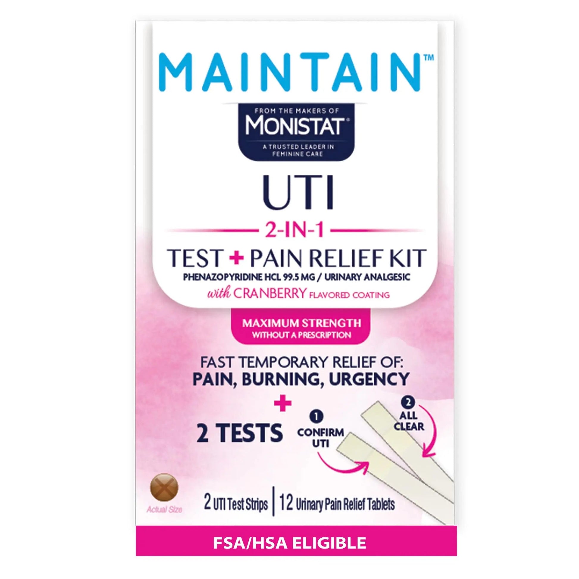 Monistat Maintain UTI 2-in-1 Test & Pain Relief Kit, 2 Test Strips & 12 Urinary Pain Relief Tablets, 2 Minute Results and Maximum Strength Pain, Burning and Urgency Relief MonistatAu supplements