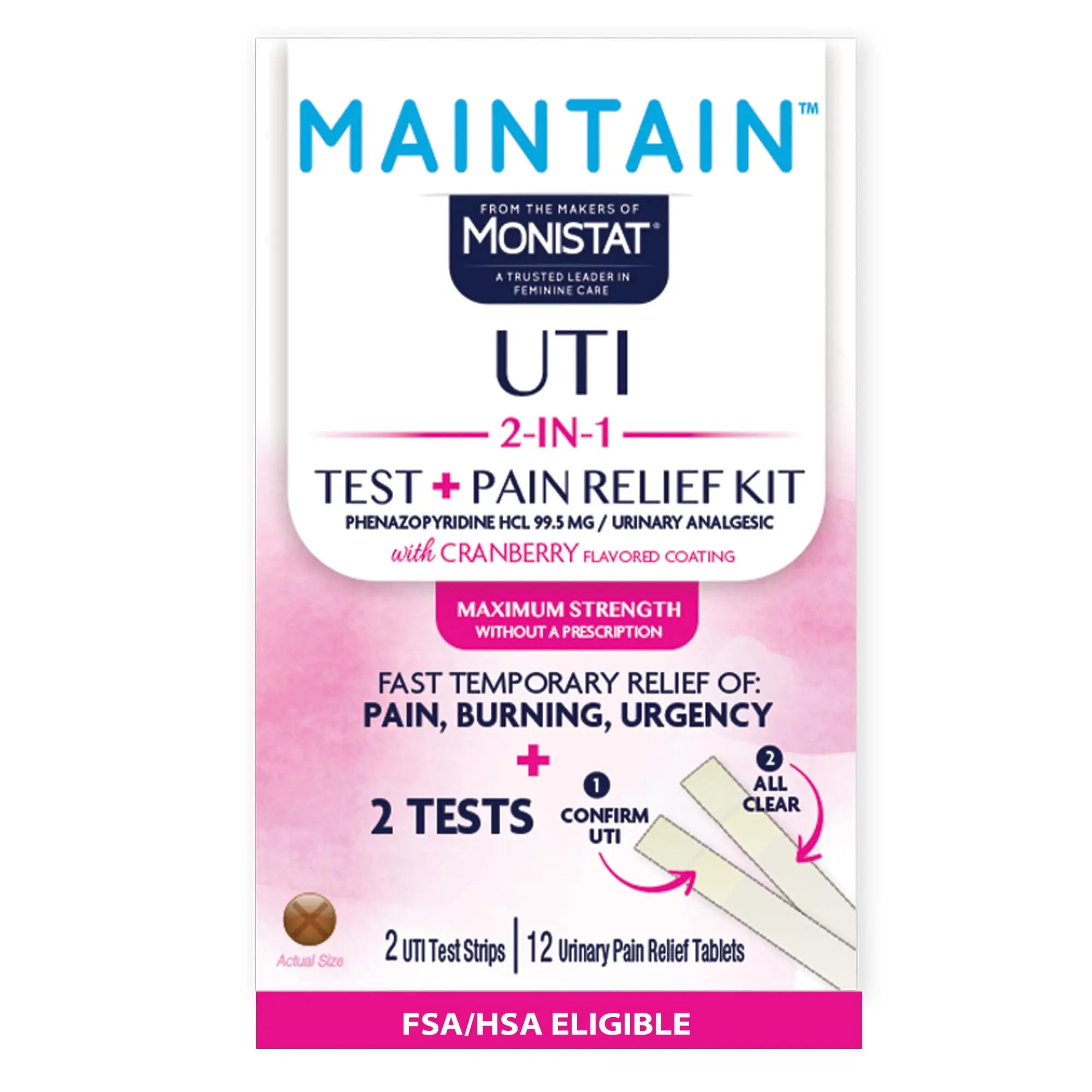 Monistat Maintain UTI 2-in-1 Test & Pain Relief Kit, 2 Test Strips & 12 Urinary Pain Relief Tablets, 2 Minute Results and Maximum Strength Pain, Burning and Urgency Relief MonistatAu supplements