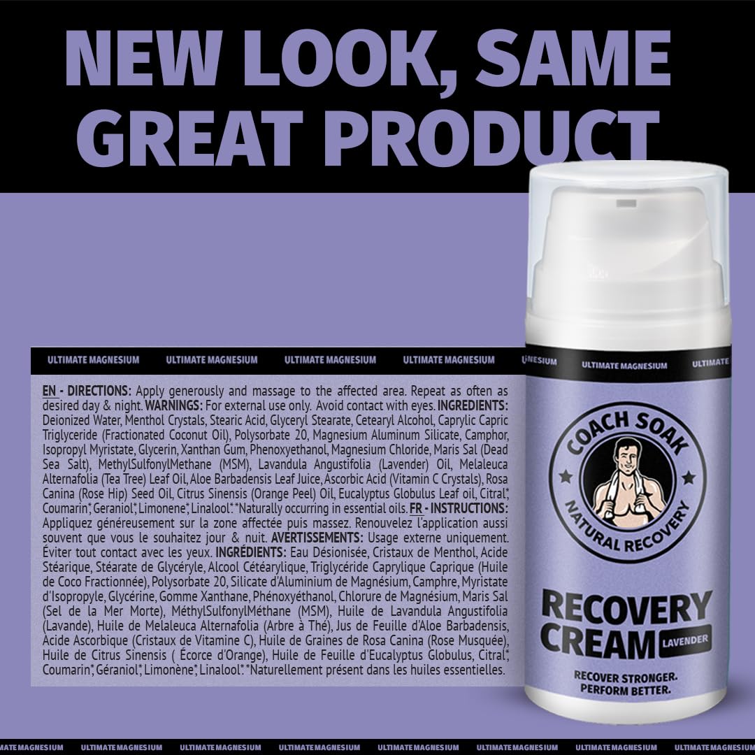 Coach Soak Magnesium Cream with MSM in Pump Bottle - Natural Recovery Cream with Magnesium Chloride & Menthol - Fast-Absorbing for Muscles & Joints, Lavender 3.4oz Coach SoakAu supplements