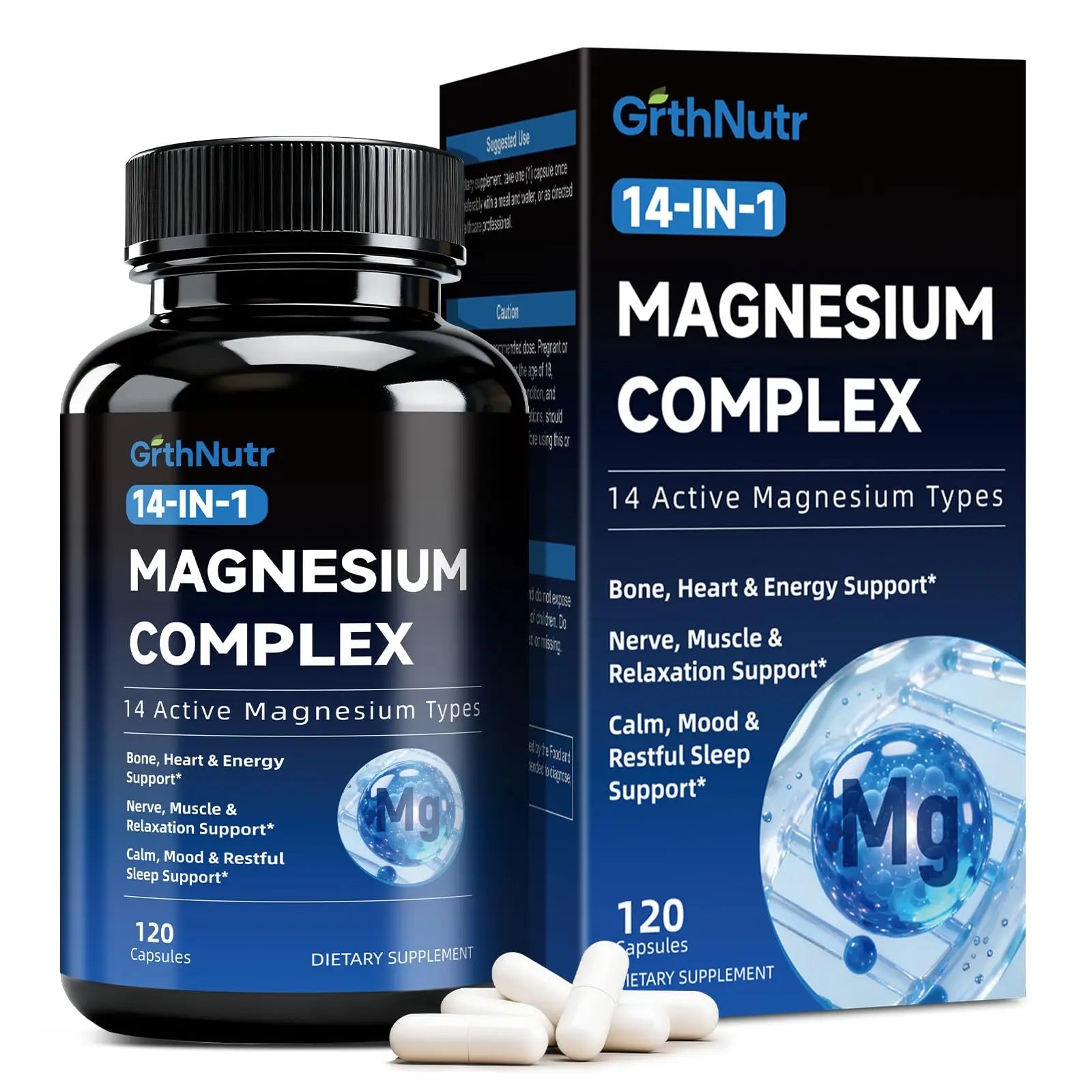14-in-1 Magnesium Complex Supplement, 1200mg Elemental Magnesium Glycinate, Citrate, Malate, Taurate - Magnesium Complex for Women Nerves, Bone & Heart Health | Non-GMO GrthNutrAu supplements