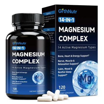 14-in-1 Magnesium Complex Supplement, 1200mg Elemental Magnesium Glycinate, Citrate, Malate, Taurate - Magnesium Complex for Women Nerves, Bone & Heart Health | Non-GMO GrthNutrAu supplements