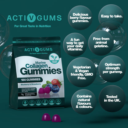 Marine Collagen Complex 180 Gummies. Strawberry & Blueberry Flavour. Resealable & Recyclable Pouch. Contains Marine Collagen, Vitamin C Activ GumsUS supplements