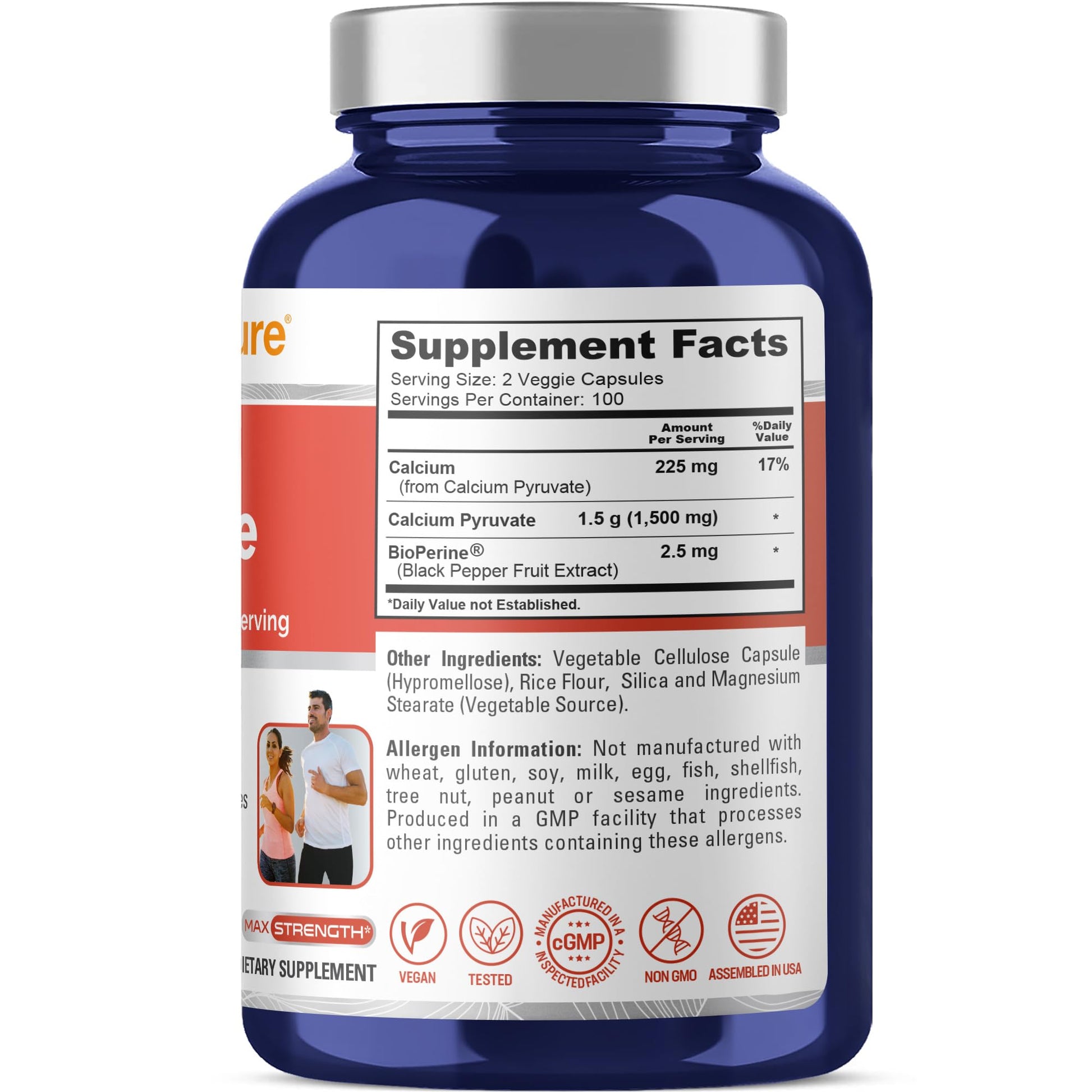 NusaPure Calcium Pyruvate - Suitable for Vegetarian/Vegan, Non - GMO - 1500 mg - 200 Capsules NusaPureAu supplements