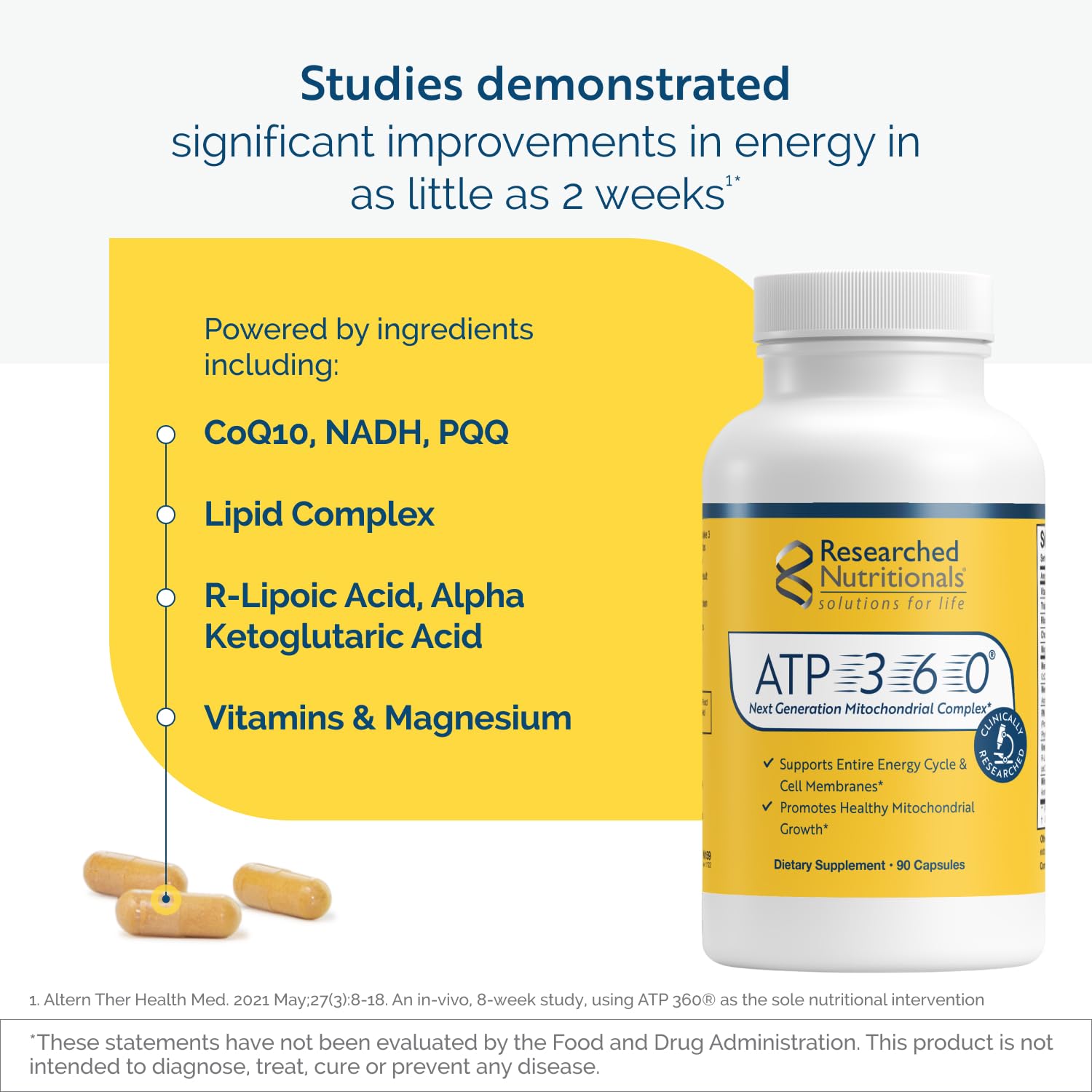 Researched Nutritionals ATP 360 - Mitochondrial Supplements to Support Entire Energy Cycle & Cell Membranes - Clinically Researched ATP Supplements, High Dose CoQ10, R-Lipoic Acid & PQQ, 90 Capsules Researched NutritionalsAu supplements