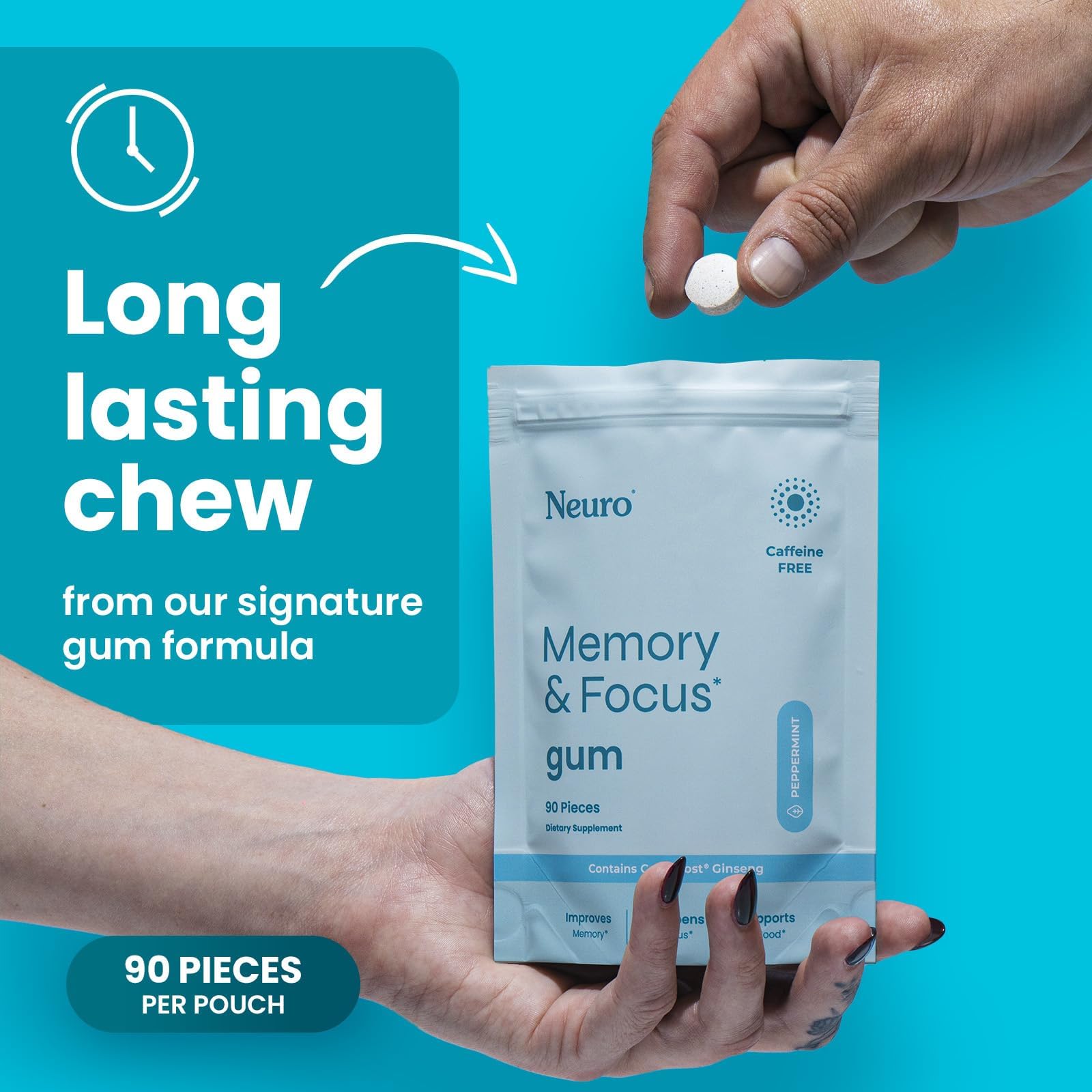 Neuro Memory & Focus Gum - Nootropic Gum with Vitamin B12, Vitamin B6, L-Theanine & Ginseng Extract - Natural Brain Support Supplement - Vegan, Caffeine & Sugar Free Chews - Peppermint, 90 ct NeuroAu supplements