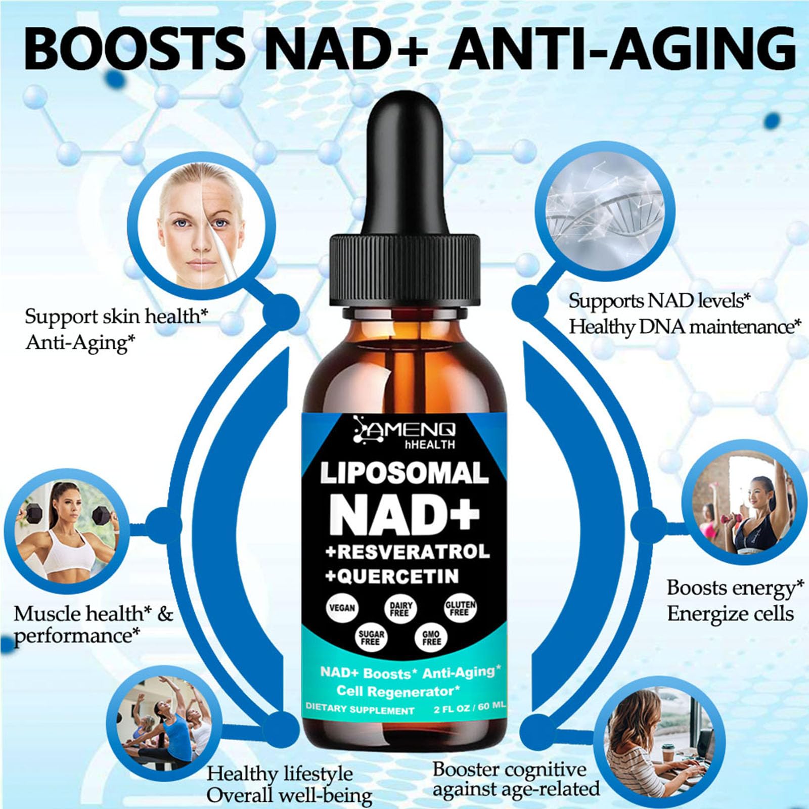 NAD Supplement, Liposomal NAD Nicotinamide Riboside Resveratrol 900mg Quercetion, TMG, Vitamin B3, High Potency NAD Plus Liquid Supplement for Cell Regenerator, Longevity, Energy, Anti-Aging, Focus AMENQ hHEALTHAu supplements