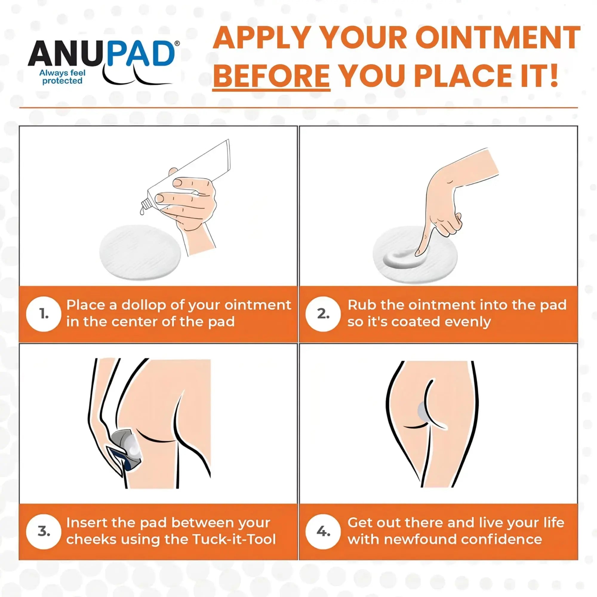 Butts Are Messy - Control The Mess. ANUPAD Premium Absorbent Pads. Confidently Handle Bowel Leakage, Bleeding Hemorrhoids, And The Mess Hemorrhoid Ointments Make. ANUPADAu supplements