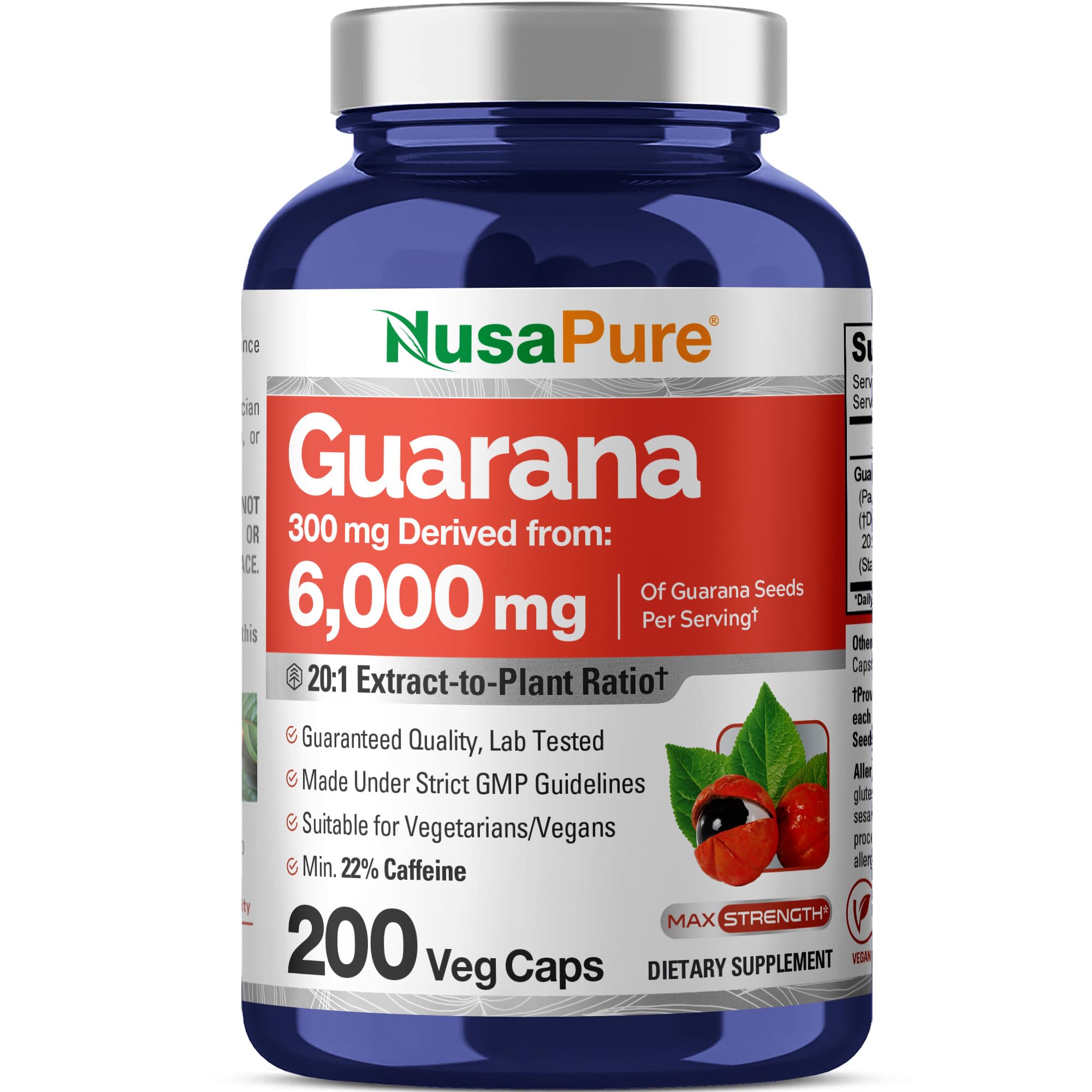 NusaPure Guarana Extract 20:1 Extract, 300 mg Equivalent to 6,000 mg per Veggie Caps 200 Count (Non-GMO, Vegan) NusaPureAu supplements