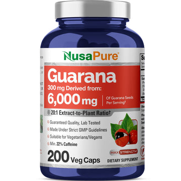 NusaPure Guarana Extract 20:1 Extract, 300 mg Equivalent to 6,000 mg per Veggie Caps 200 Count (Non-GMO, Vegan) NusaPureAu supplements