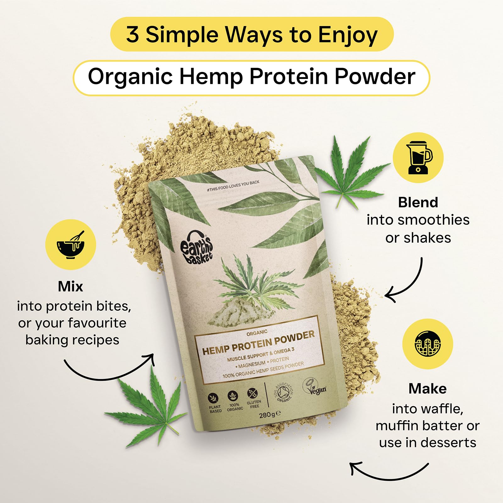 Earths Basket Organic Hemp Protein Powder,280g Natural, Unflavoured, Vegan, Gluten Free EARTHS BASKETAu supplements