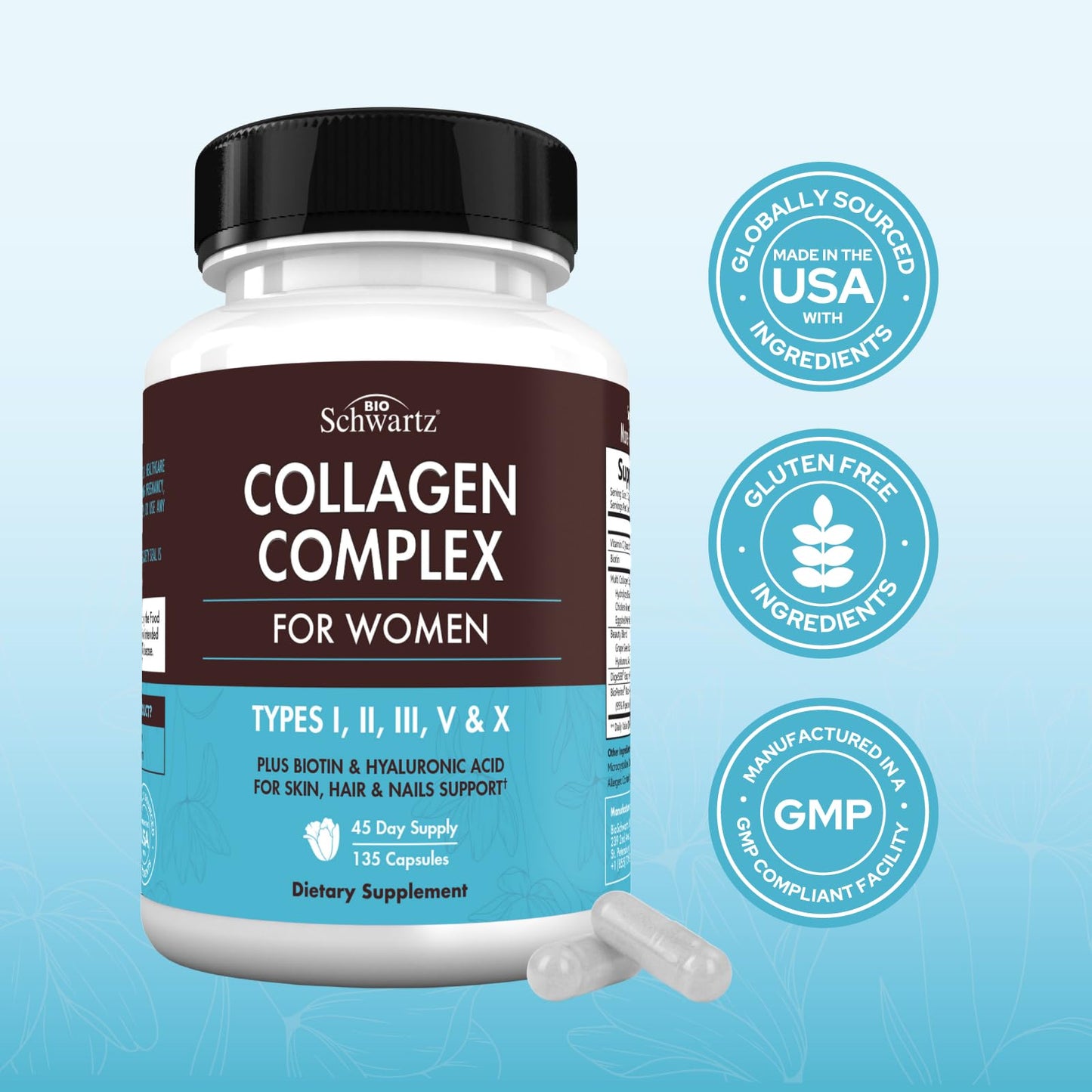 Multi Collagen Pills for Women (Types I II III V X) with Vitamin C Hyaluronic Acid Biotin BioSchwartzUS supplements