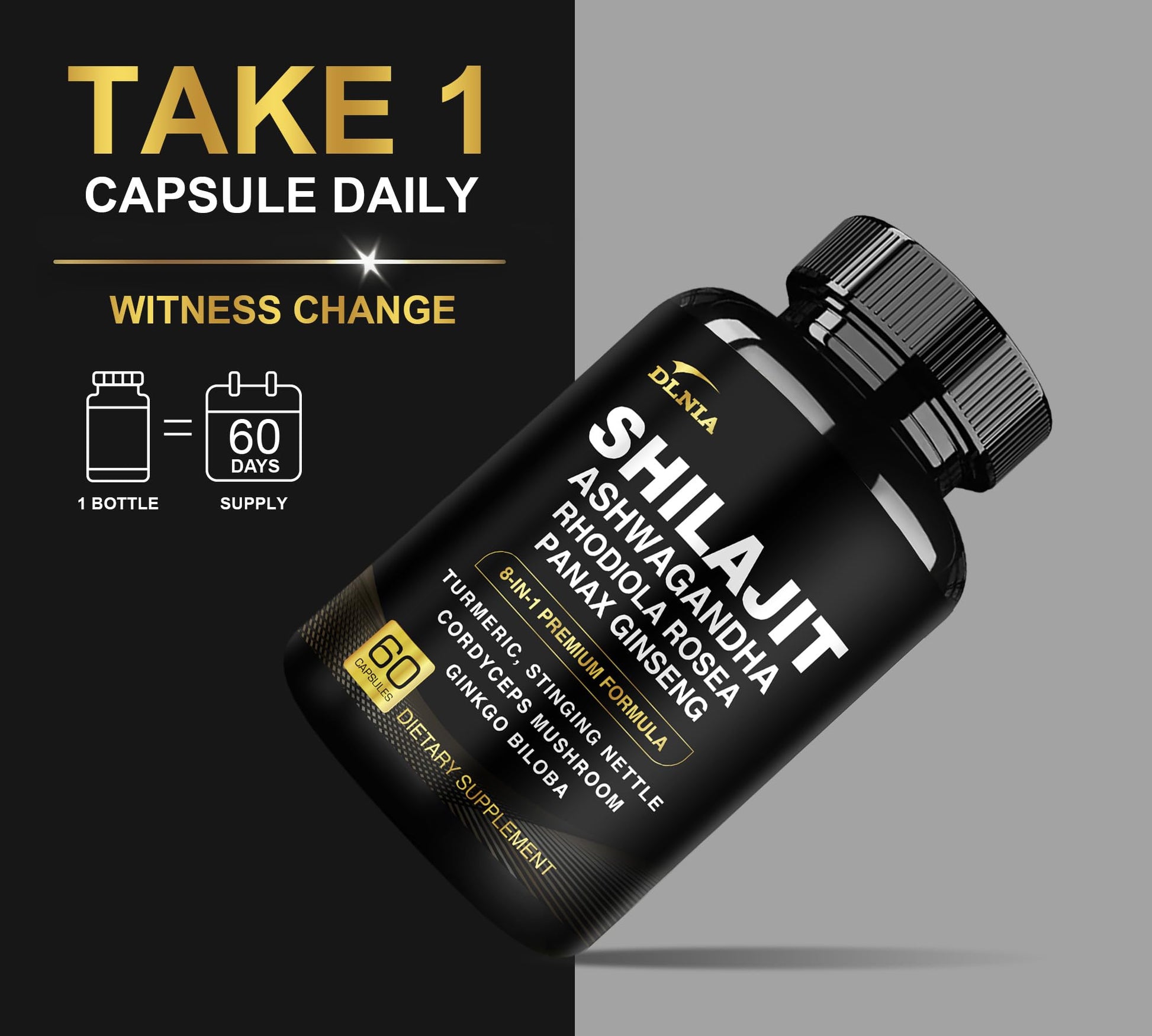 DLNIA 8-in-1 Shilajit for Men & Women with Ashwaganda Himalayan Organic Supplement with Rhodiola Rosea, Ginseng, Turmeric, Mushroom, for Immune Support, Energy, Calm, Focus, Clarity, Sleep, Cortisol DLNIAAu supplements
