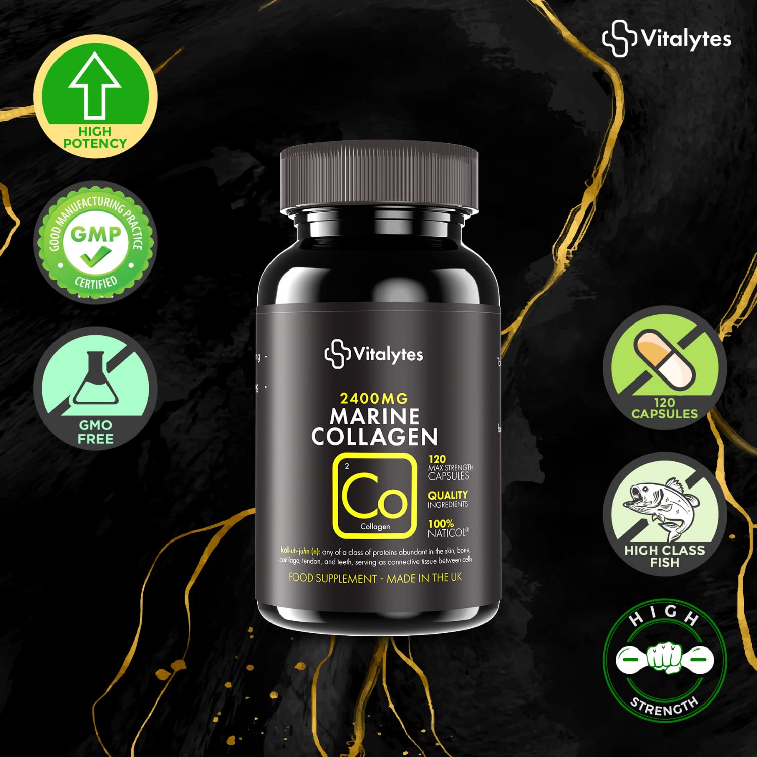 Vitalytes Marine Collagen Supplement 2400mg | 120 Marine Collagen Capsules Made in The UK VitalytesAu supplements
