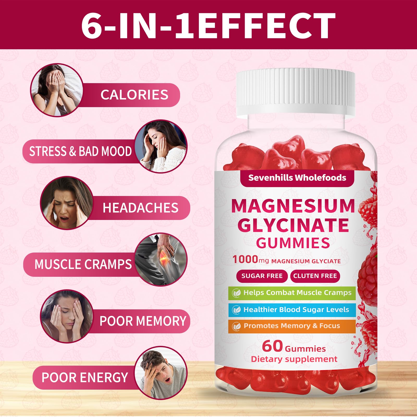 Magnesium Glycinate Gummies 1000mg - Sugar Free Magnesium Potassium Supplement for Relaxation, Calm, Stress Relief, and Sleep Support for Adults & Kids - 60 Raspberry Gummies Sevenhills WholefoodsAu supplements
