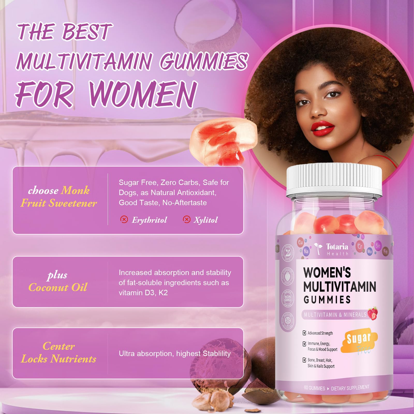 Totaria Sugar Free Multivitamin Gummies for Women 14+ w/Iron, Inositol, Folate, Biotin, Womens Daily Multivitamin Gummy w/Vitamin A, C, B, D3, K2 TotariaUS supplements