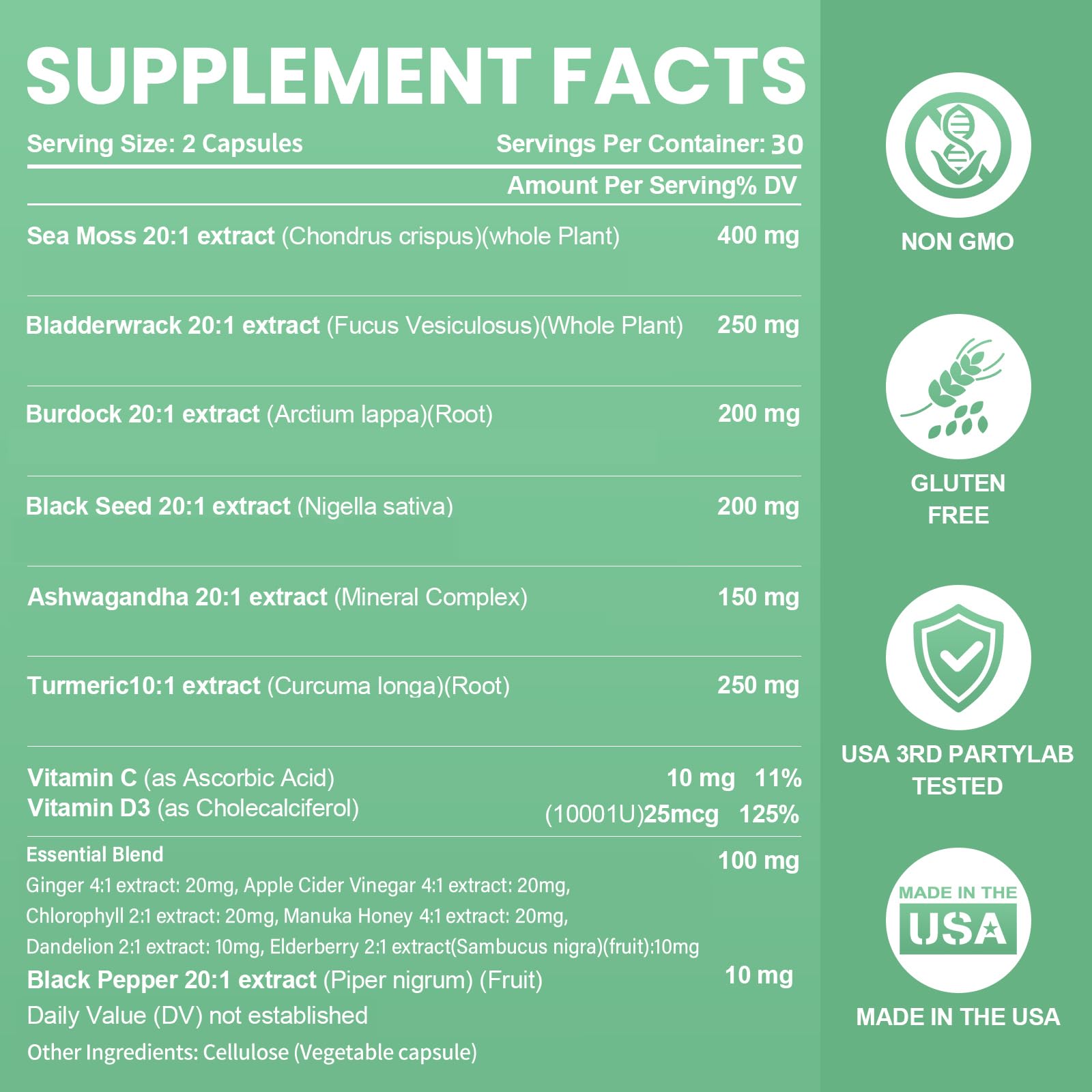 Sea Moss Black Seed Oil Ashwagandha Bladderwrack Burdock Root Turmeric & Vitamin C D3 Elderberry ACV Black Pepper - Multimineral Supplement - 60 Count GrevolAu supplements