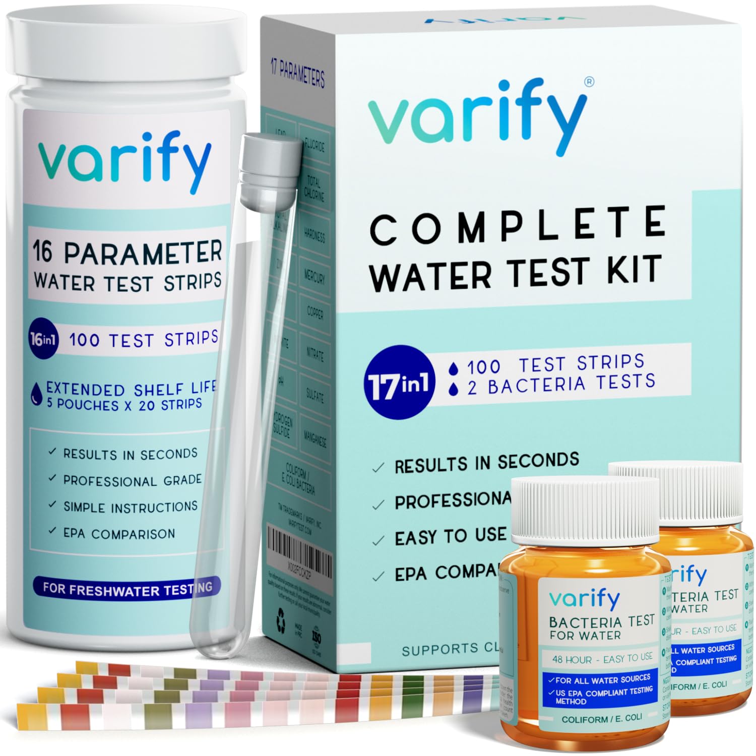 Varify 17in1 Complete Drinking Water Test Kit - 100 Strips + 2 Bacteria Tester Kits - Well, Tap, Home, City Water Testing Strip for Lead, Alkaline, Chlorine, Hardness, Iron, Fluoride, Copper & More VARIFYAu supplements