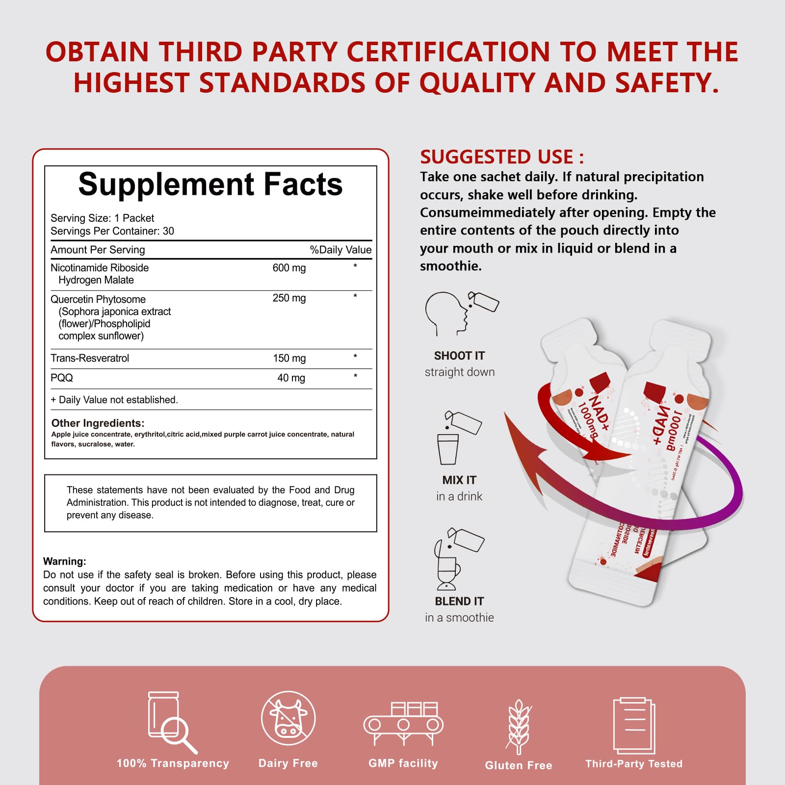 Buporai NAD Supplement 1000 mg Liquid Packets - NAD Supplements for Women & Men with Nicotinamide Riboside, Resveratrol, PQQ, Quercetin - NMNH Supplement Alternative for Anti-Aging, Energy-30 Packets BuporaiAu supplements