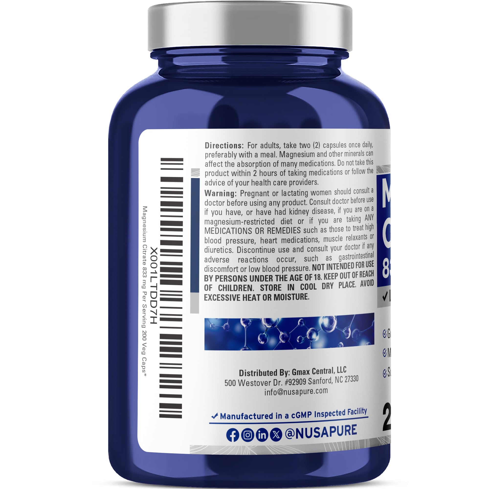 NusaPure Magnesium Citrate 833mg - 200 Veggie Capsules (Vegetarian, Non-GMO, Vegan) NusaPureAu supplements