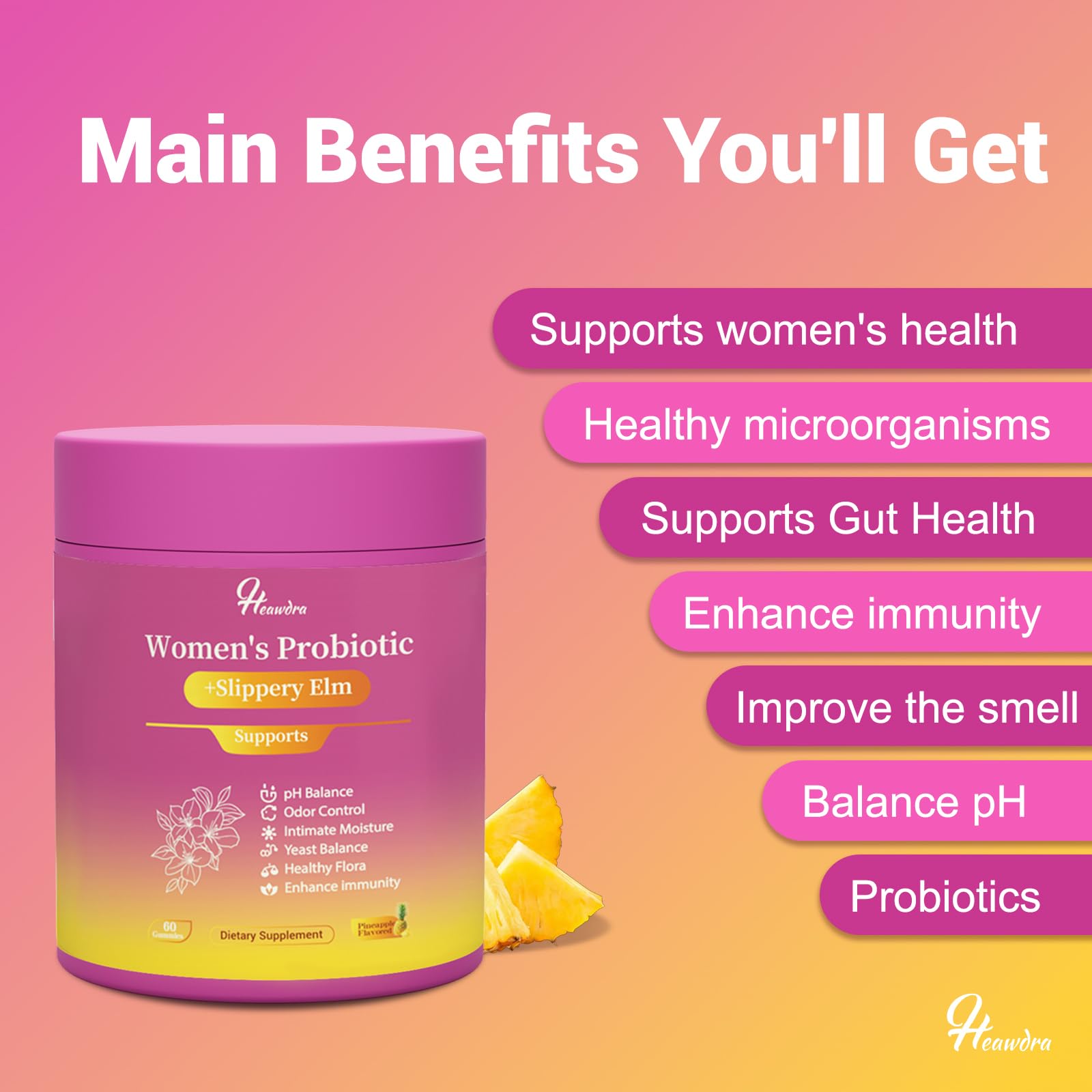 Her Juicy Women's Probiotic Gummies: Supports Women’s Wellness & pH Balance, Clean Vegan, Pineapple Flavor, Prebiotics & Lactobacillus Blend, with Slippery Elm, Gut Health & Immune Defense, 60 Gummies HeawdraAu supplements