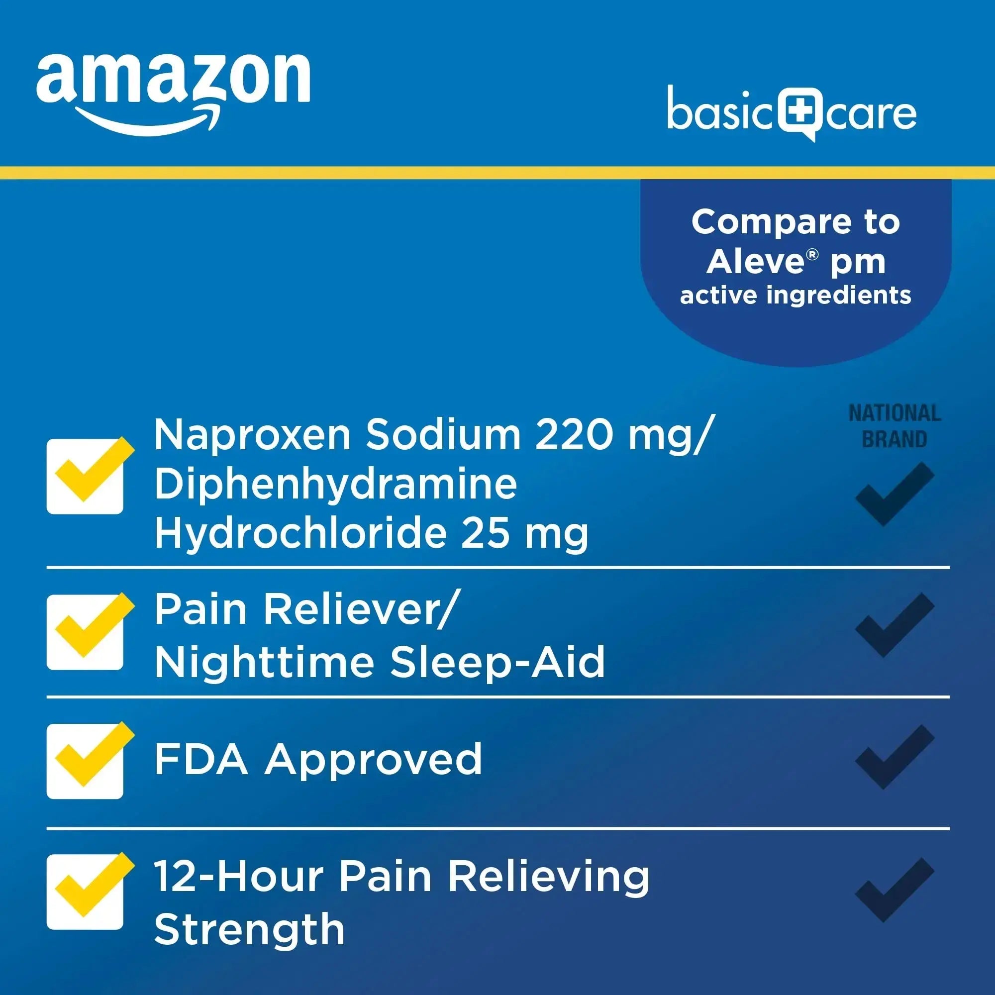 Amazon Basic Care All Night Pain Relief PM, Naproxen Sodium 220 mg/Diphenhydramine Hydrochloride 25 mg Tablets, Pain Reliever/Nighttime Sleep-Aid, 160 Count Amazon Basic CareAu supplements