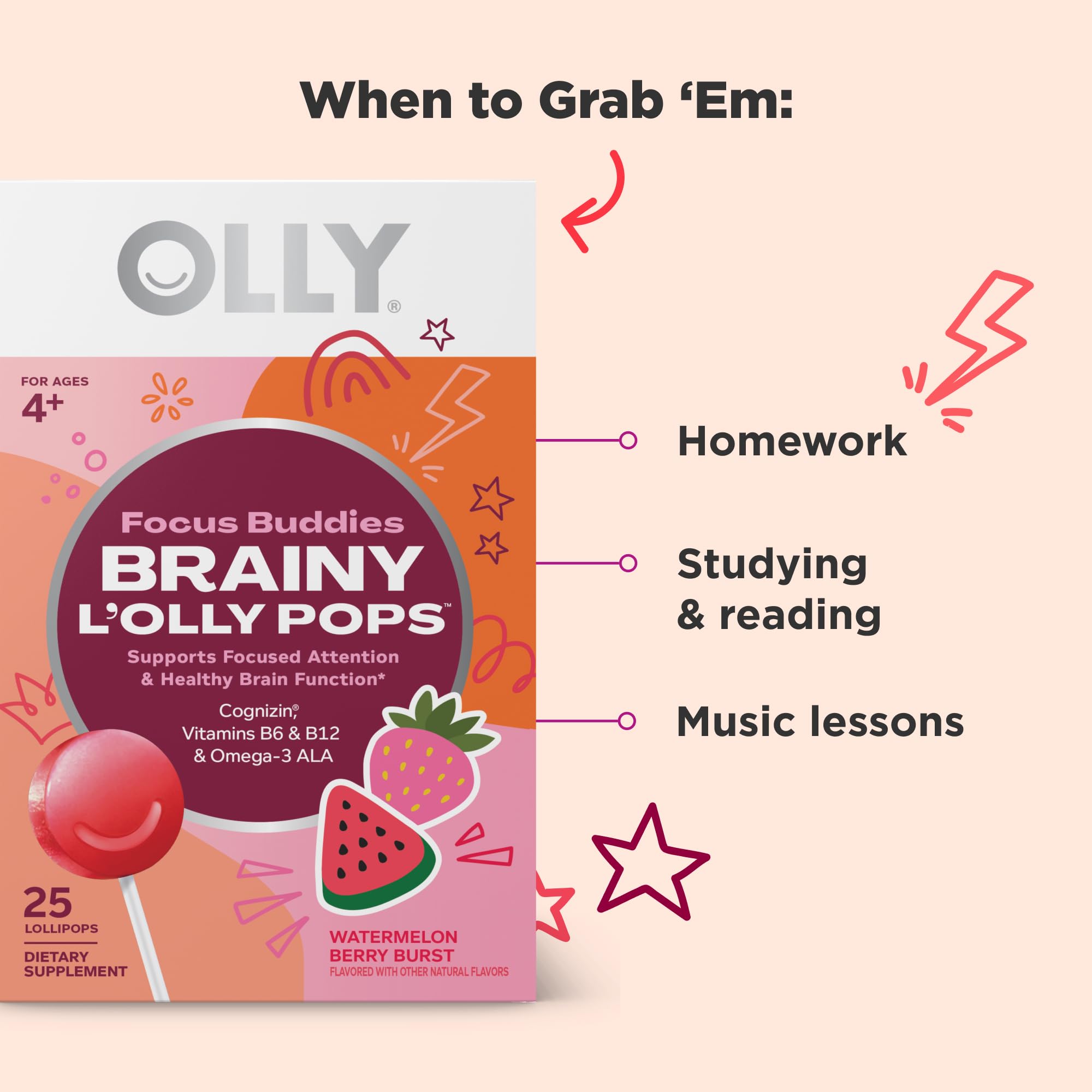 OLLY Focus Buddies L’OLLY Pops, Cognizin, Vitamins B6 and B12, Omega-3 ALA, Supports Focused Attention and Healthy Brain Function,* Kids 4+ Dietary Supplement, Watermelon Strawberry Flavored, 25 Count OLLYAu supplements