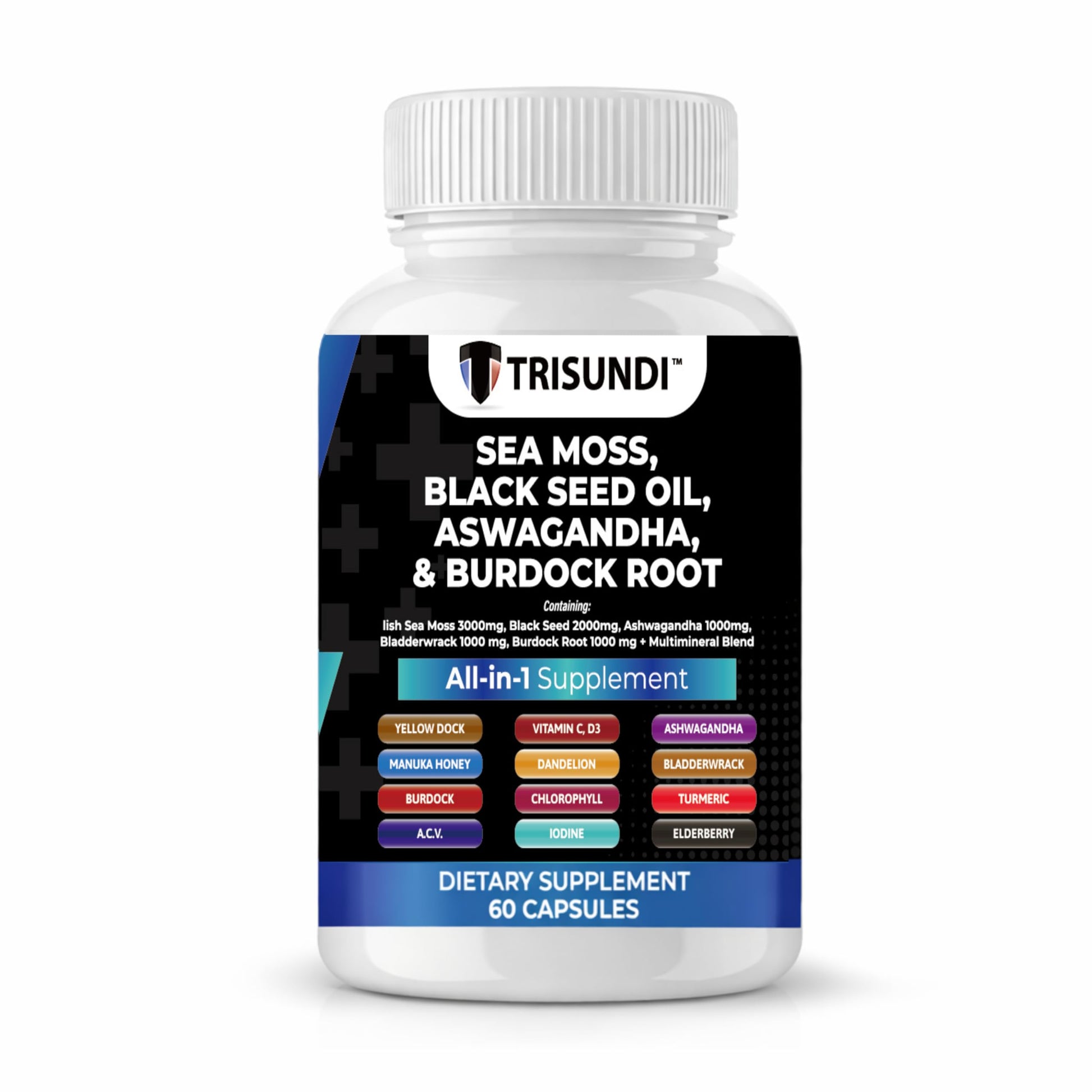 Trisundi Sea Moss Complex with Black Seed Oil, Ashwagandha & Burdock Root – All-in-One Herbal Supplement with Vitamins & Minerals – 60 Capsules TrisundiAu supplements