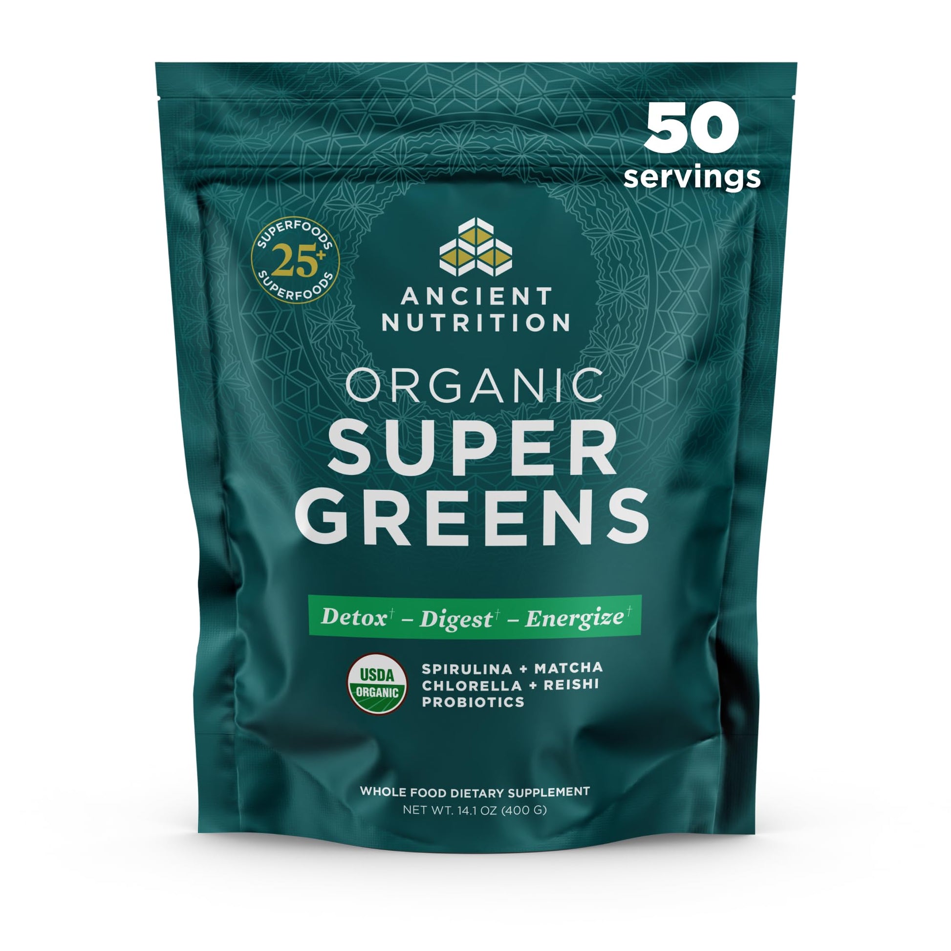 Ancient Nutrition Super Greens Powder, Organic Superfood Powder with Probiotics Made with Spirulina, Chlorella, Matcha, and Digestive Enzymes, 50 Servings, 14.1 oz Ancient NutritionAu supplements