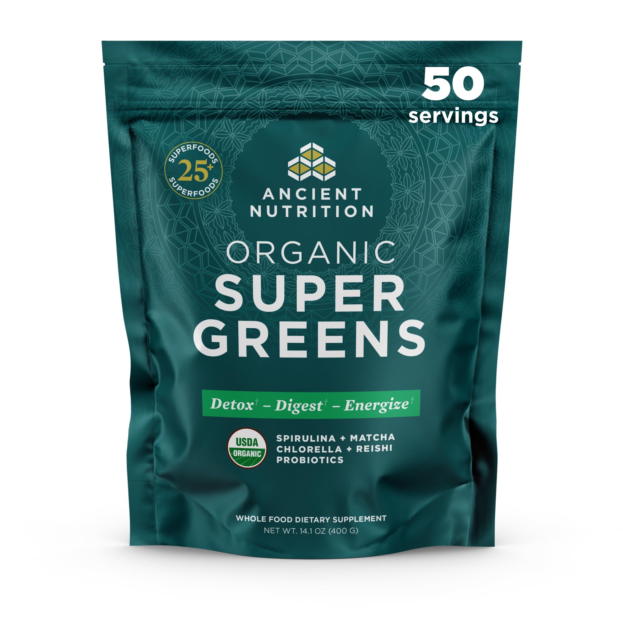 Ancient Nutrition Super Greens Powder, Organic Superfood Powder with Probiotics Made with Spirulina, Chlorella, Matcha, and Digestive Enzymes, 50 Servings, 14.1 oz Ancient NutritionAu supplements